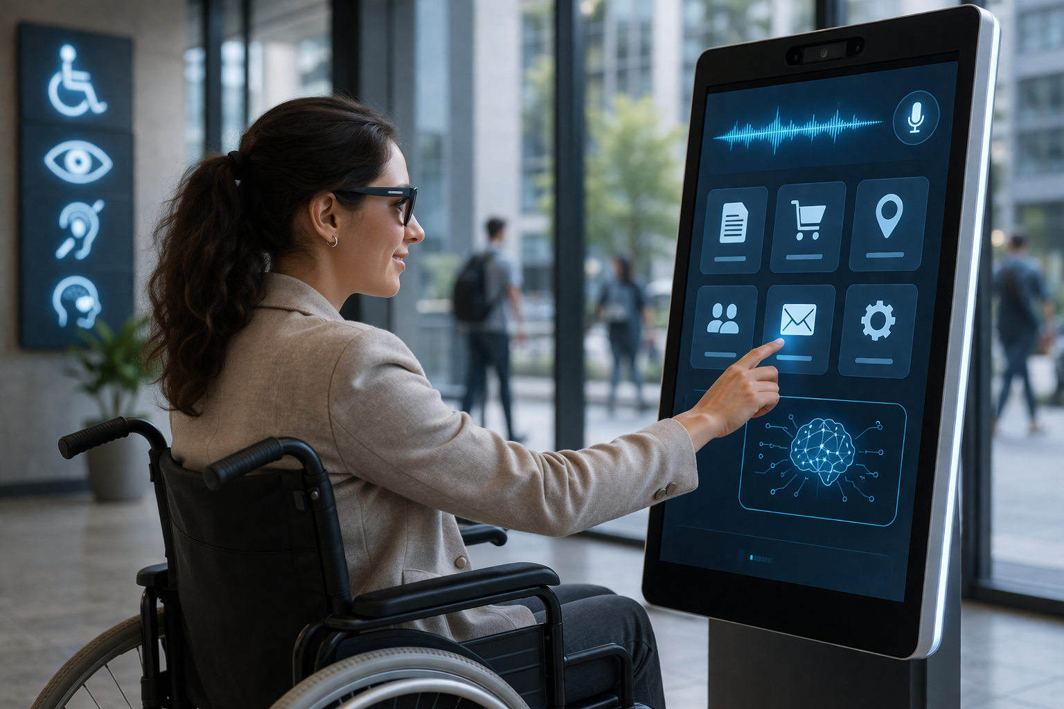 People using AI accessibility software in a modern office, including voice assistants, smart glasses, and real-time transcription tools for inclusive digital access