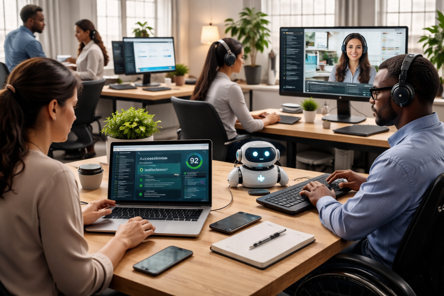 Business team using AI accessibility tools with dashboards, voice technology, and assistive devices to create inclusive digital experiences in a modern office