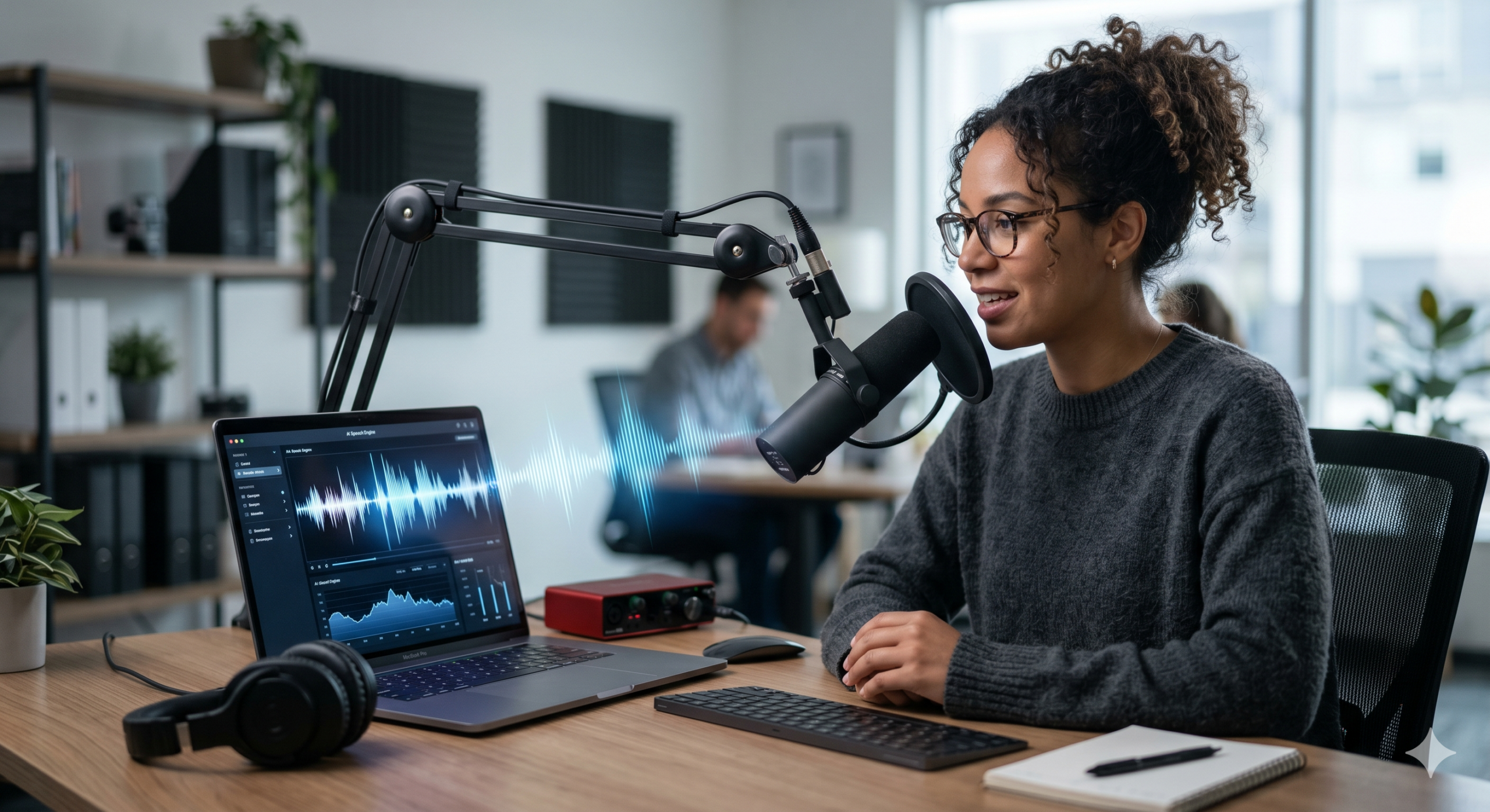 ALT Text: A young woman with curly brown hair wearing glasses and a grey sweater is sitting at a desk with a laptop, headphones, and a microphone. She is speaking into the microphone, and a digital representation of a sound wave is shown hovering above her desk. The setting appears to be a modern office environment.