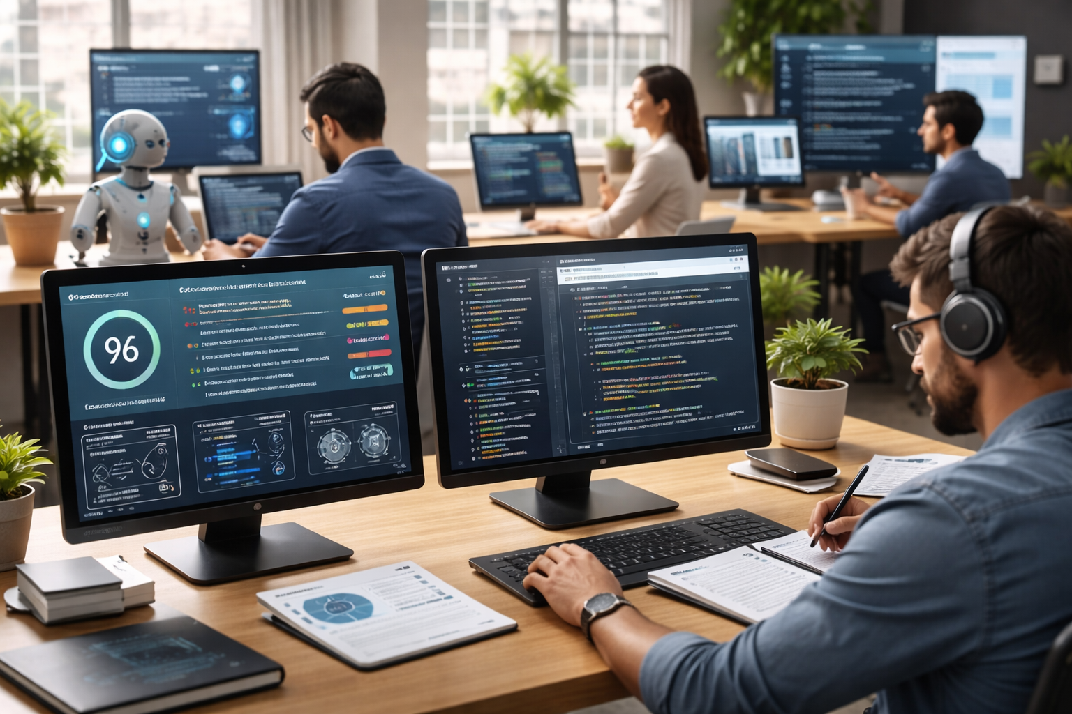 Developers using accessibility automation tools to analyze website compliance, with dashboards showing accessibility scores, code issues, and automated testing results