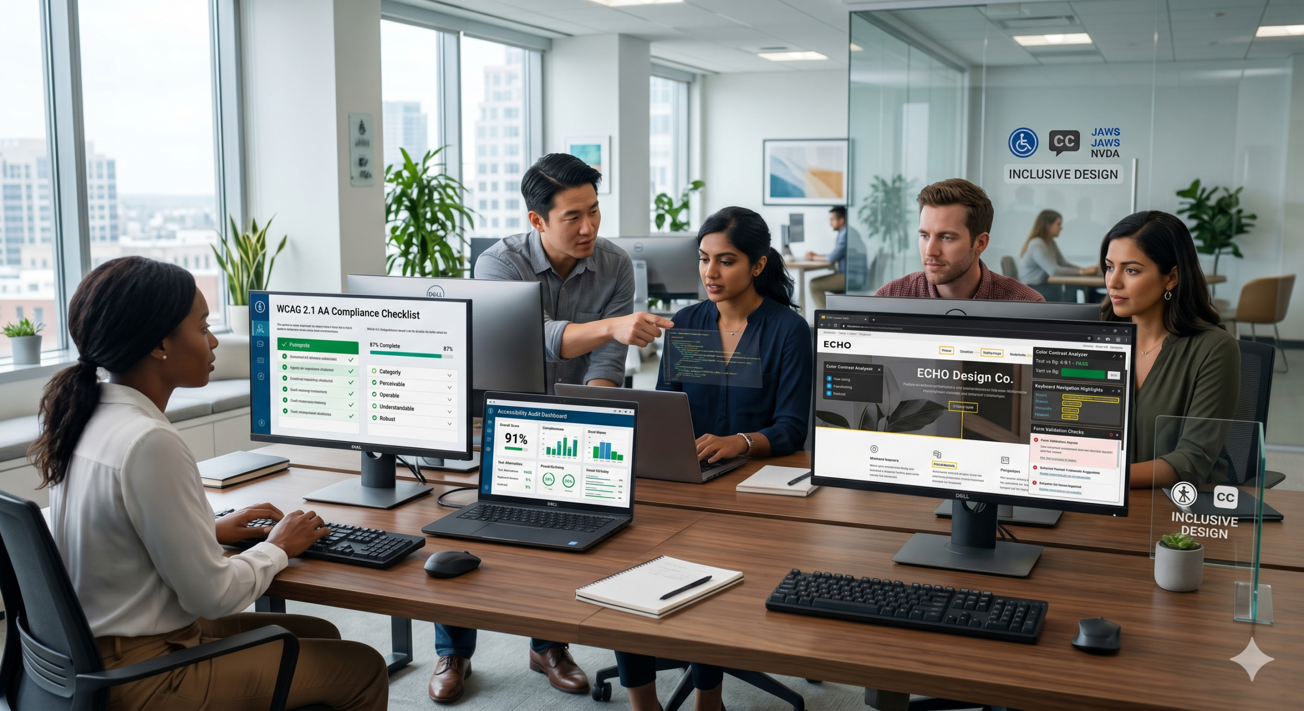 accessibility compliance checklist dashboard showing WCAG audit results, usability testing, and website accessibility validation on a modern interface