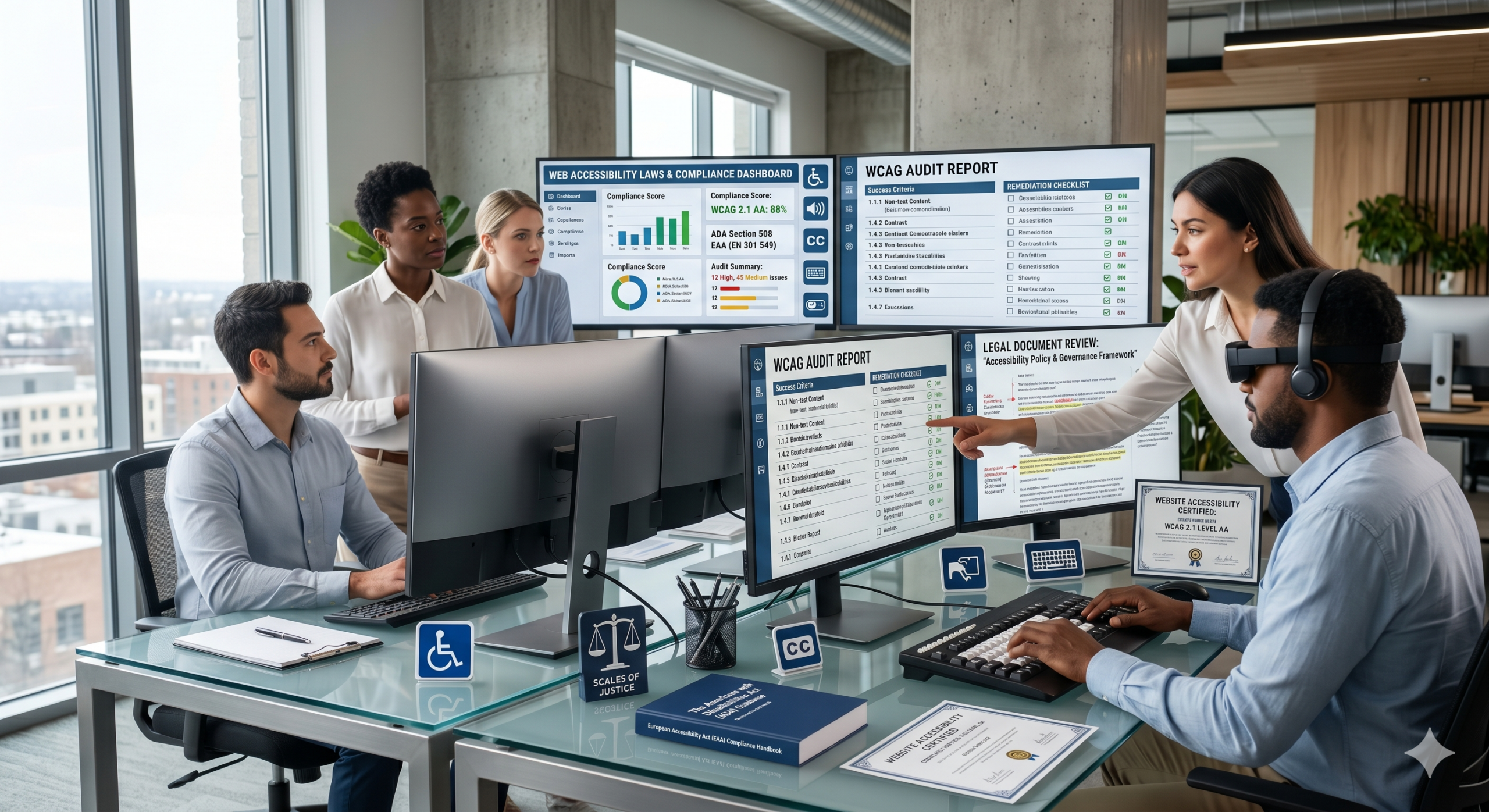 accessibility laws for websites dashboard showing WCAG compliance, legal requirements, and accessibility audit tools on a modern interface
