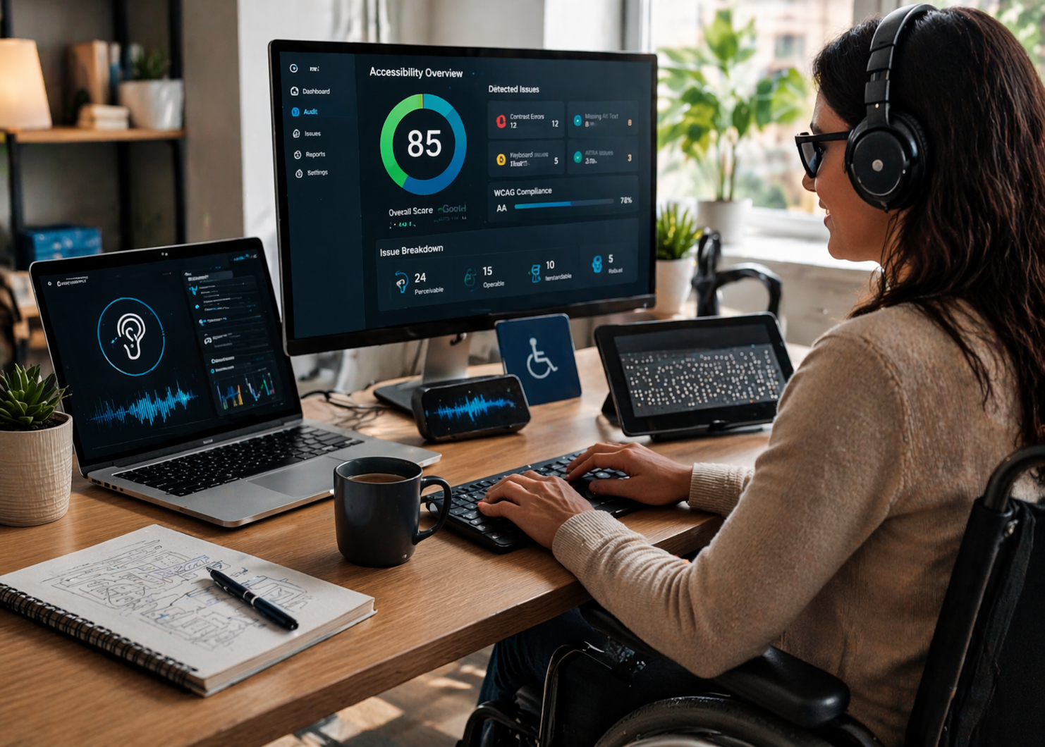Developer using accessibility tools for websites with a dashboard showing WCAG compliance, contrast checks, and usability testing in a modern workspace