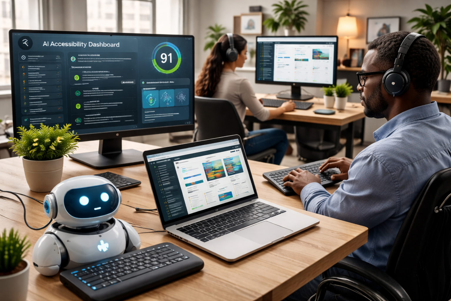 Team using best AI accessibility tools with a dashboard showing accessibility scores, automated testing results, and assistive technology in a modern workspace