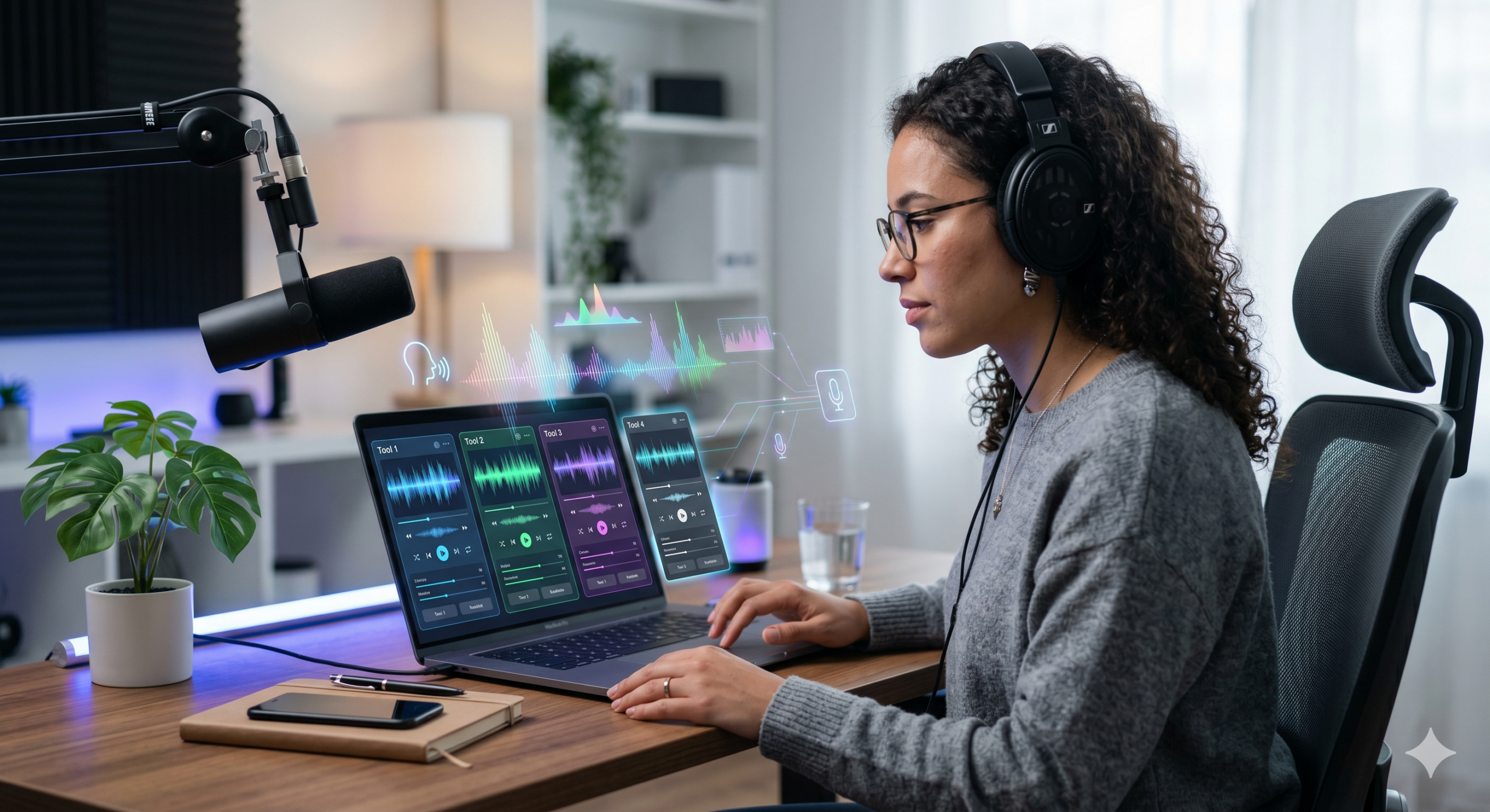 A photograph of a young woman with curly hair wearing glasses and a grey sweater, sitting at a wooden desk with a laptop and wearing over-ear headphones. She is looking at the screen which displays audio waveforms, with vibrant holographic sound visualizations floating above the keyboard. A professional microphone is to her left.