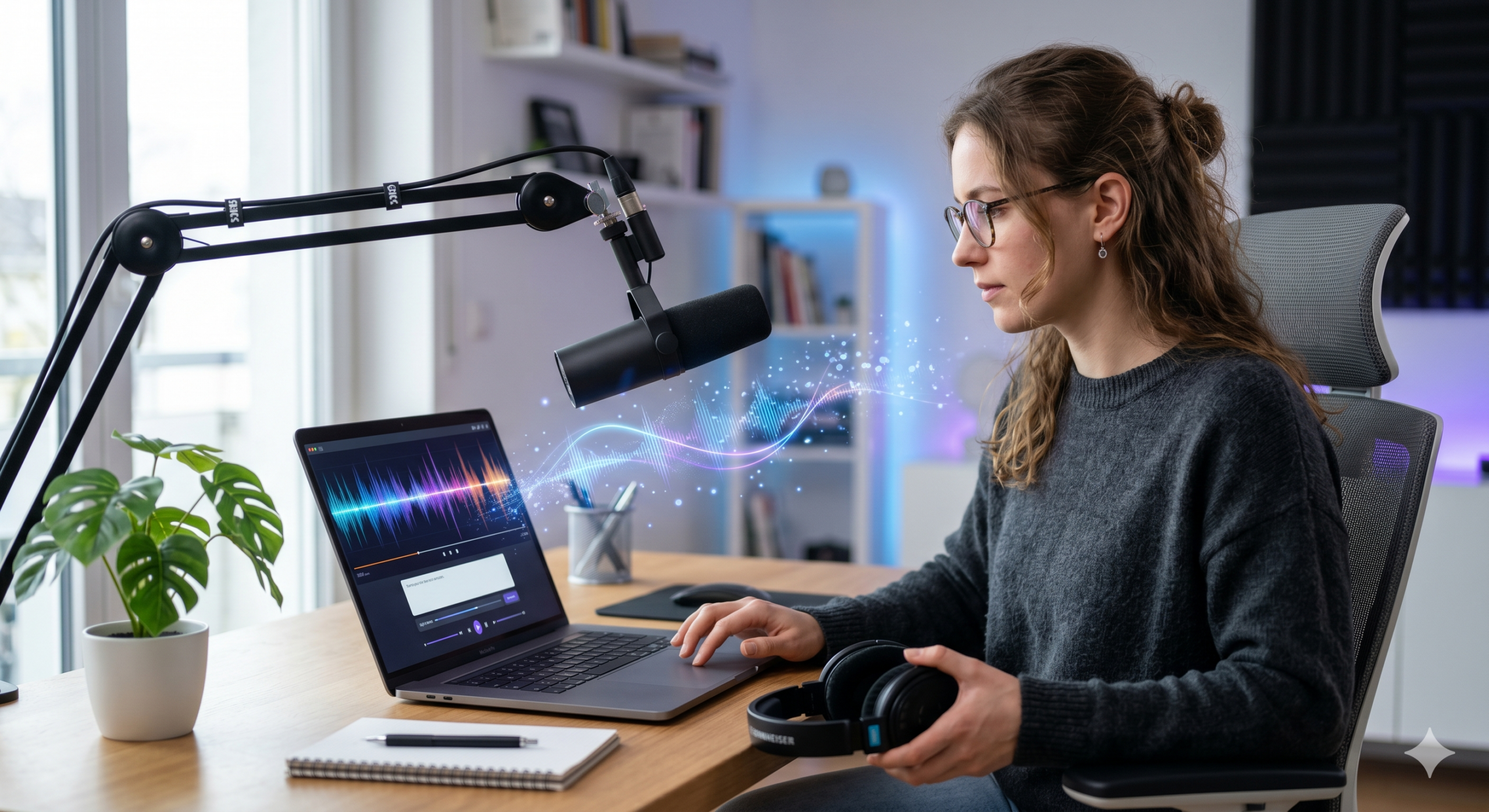 A photograph of a young woman with curly hair wearing glasses and a grey sweater, sitting at a wooden desk in a modern studio. She is holding a pair of black headphones while looking at her laptop screen which displays an audio waveform. A professional microphone is mounted on an arm to her left, with a vibrant, flowing sound visualization overlay in the air. A potted plant is on the desk.