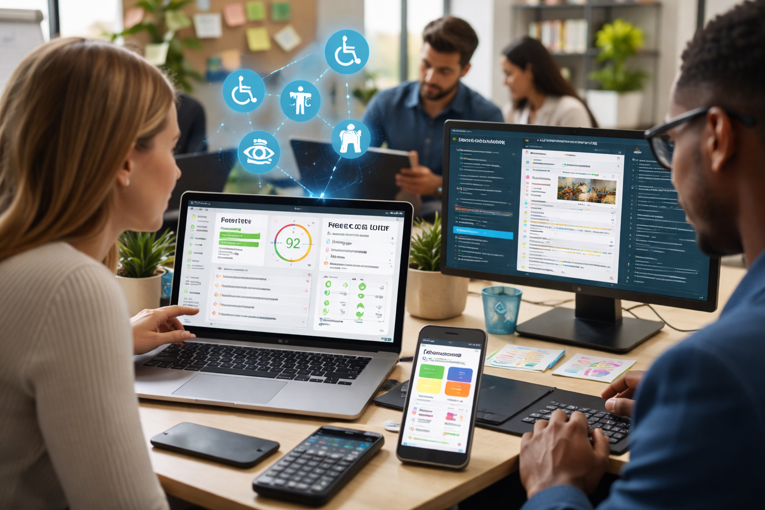 Team using free accessibility tools to analyze website usability, WCAG compliance, and accessibility issues with dashboards and testing tools in a modern office