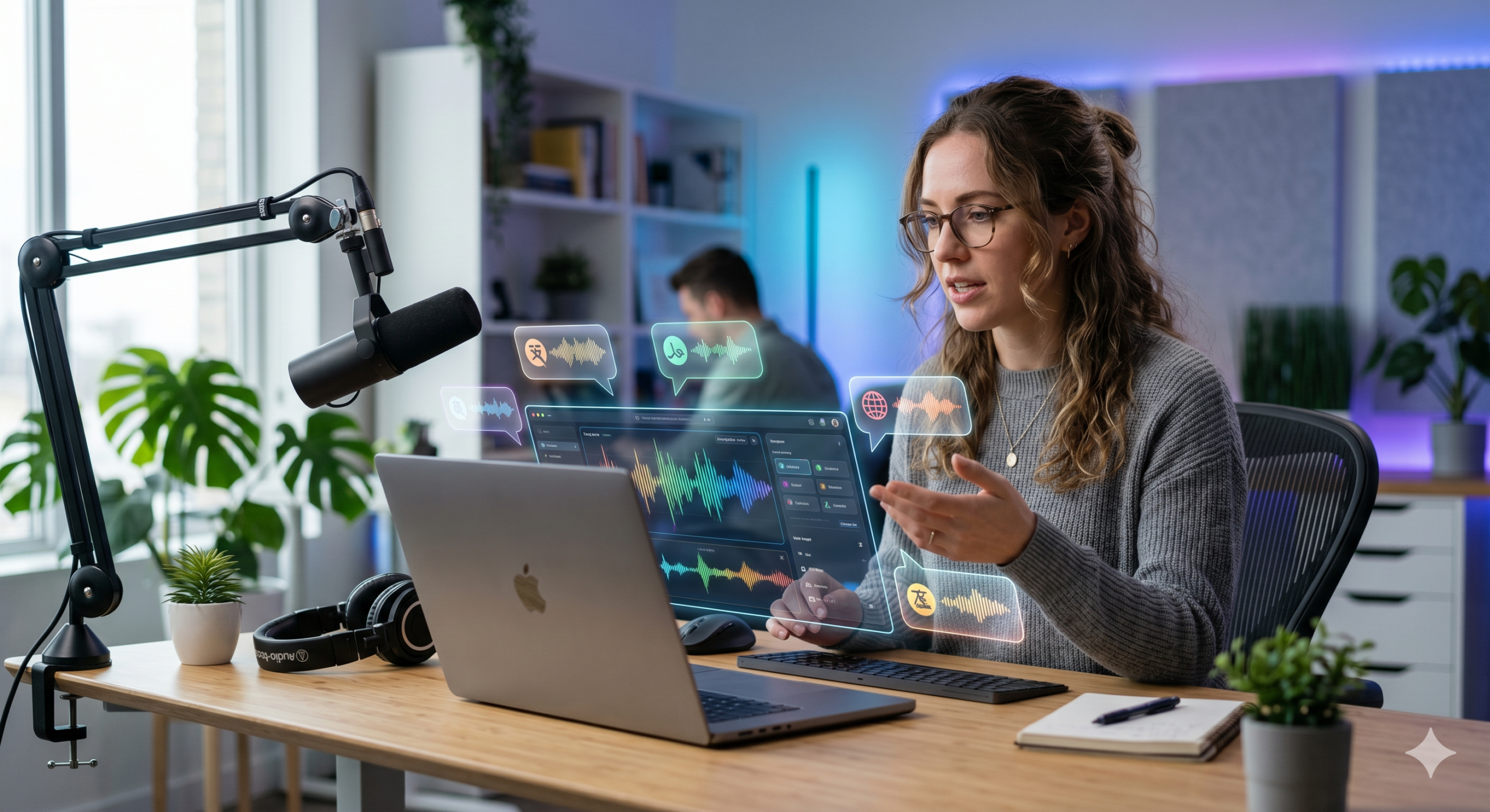 A photograph of a female podcaster or content creator wearing glasses and a grey sweater, speaking at a desk in a modern studio. She is gesturing with her hands, looking at a laptop with vibrant, futuristic audio waveform visualizations and floating language translation icons. A professional microphone is to her left, and another person is blurred in the background.