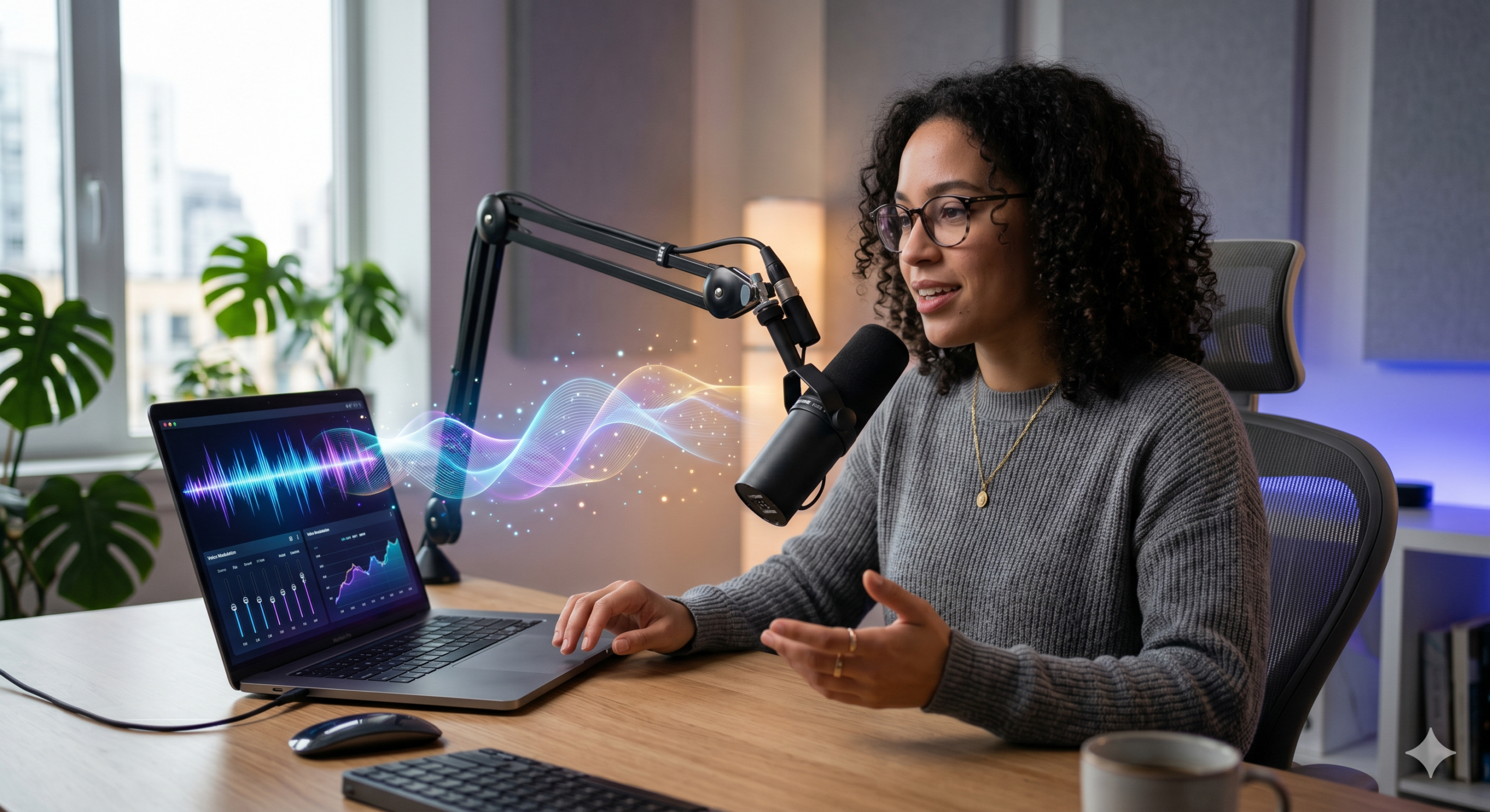 A young woman with curly hair and glasses sits at a wooden desk, wearing a grey sweater, and speaks into a professional microphone. Her laptop is open, displaying an interactive digital waveform visualization that shows a vibrant, multi-colored audio signal being recorded. A keyboard, mouse, and potted plant are visible on the desk, with a window and bookshelves in the background.