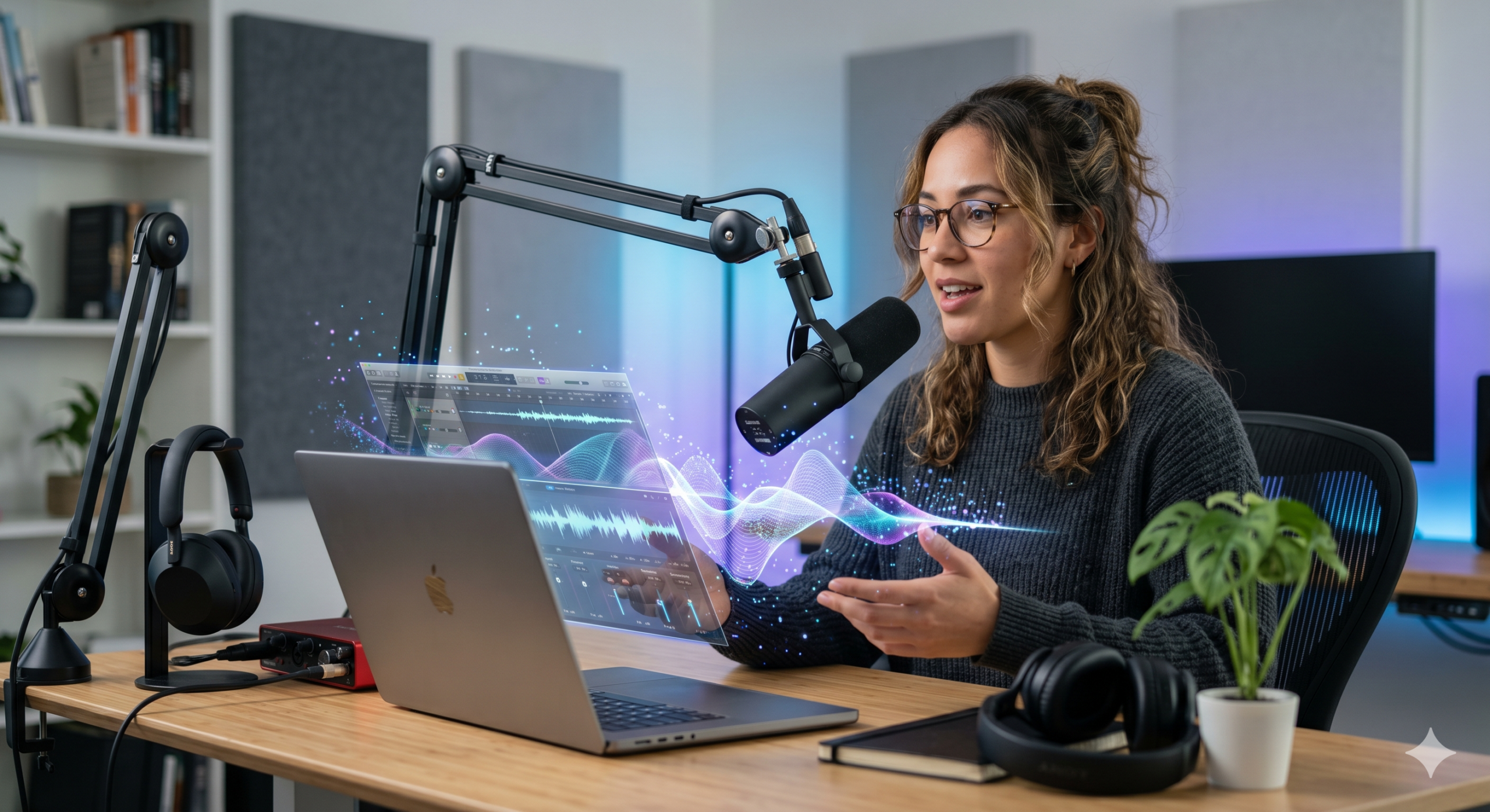 A young woman with curly hair and glasses sits at a desk with a laptop, speaking into a large professional microphone. She is gesturing with her hands, and a glowing digital interface with audio waves is visible in front of her. The setting looks like a modern home studio with acoustic panels on the wall.
