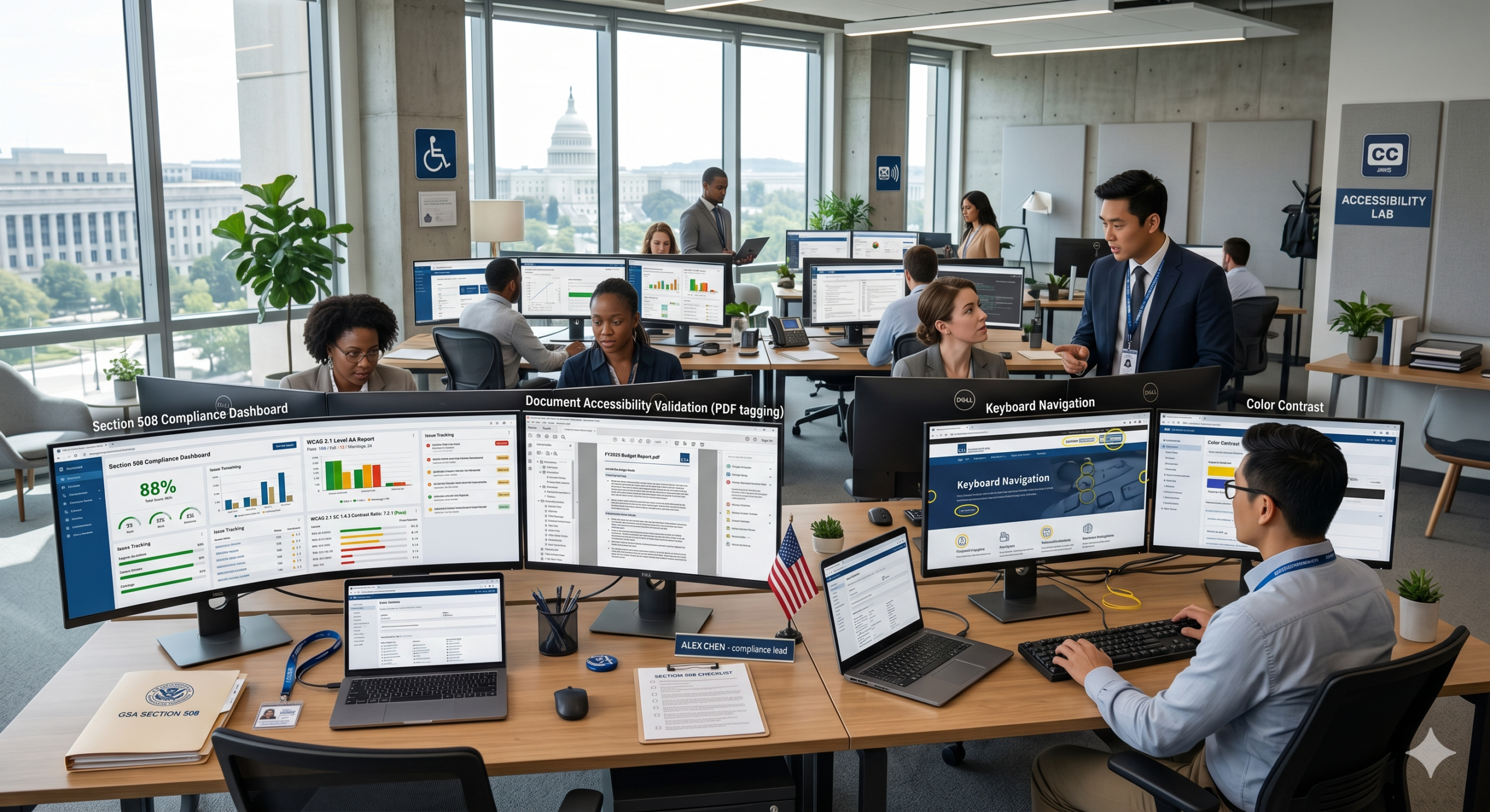 Section 508 compliance dashboard showing accessibility testing, WCAG audit results, and document accessibility validation on a modern interface