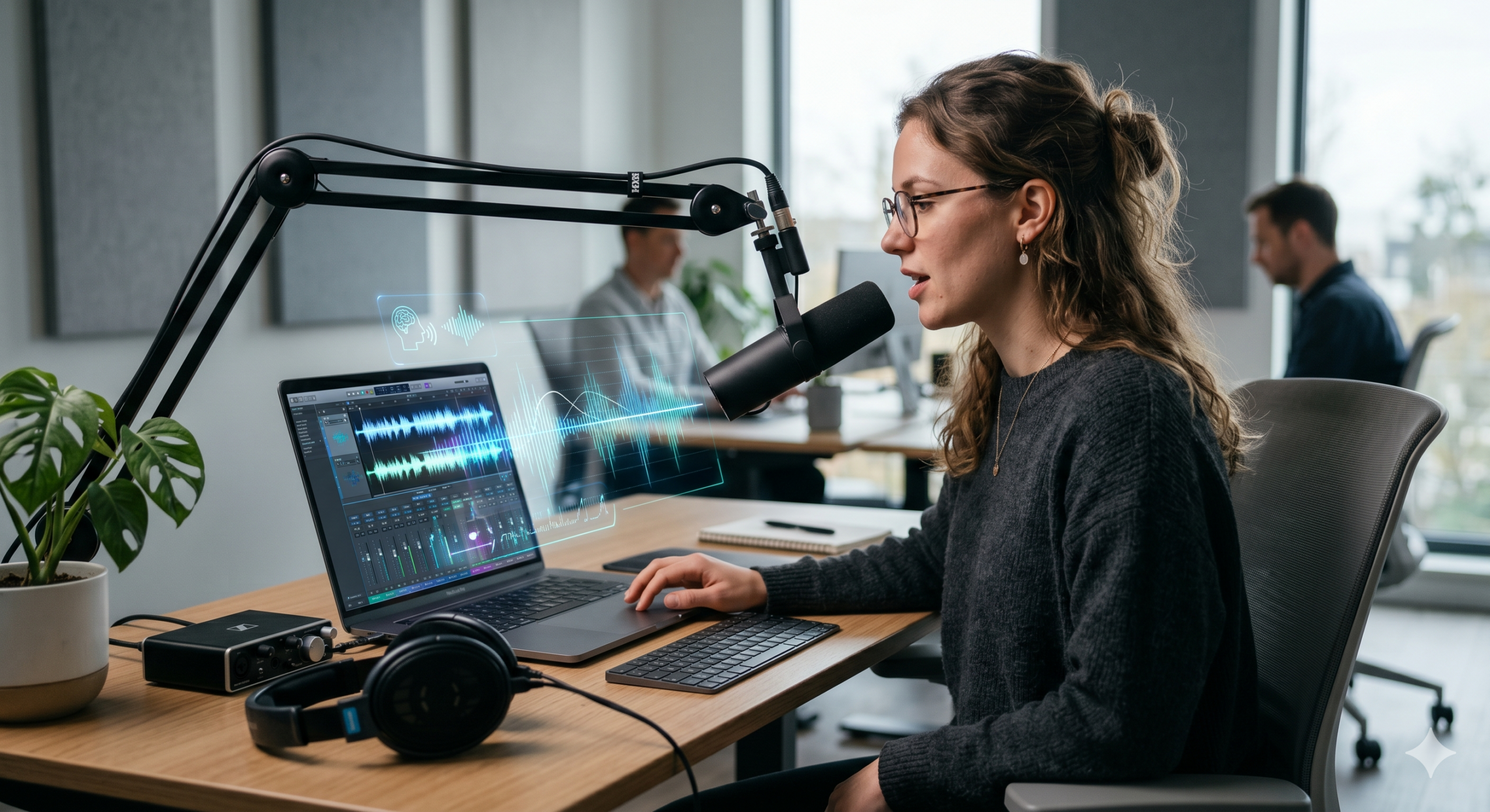 Image ALT Text: A photograph of a female podcaster or content creator wearing glasses and a grey sweater, speaking into a professional Shure SM7B studio microphone attached to a boom arm at a wooden desk in a modern office. Her laptop screen displays audio editing software with an interface showing sound waveforms, levels, and a glowing, holographic UI overlay. Headphones rest on the desk beside an audio interface and a keyboard. A green Monstera plant is to her left. Two other blurred figures work in the background.