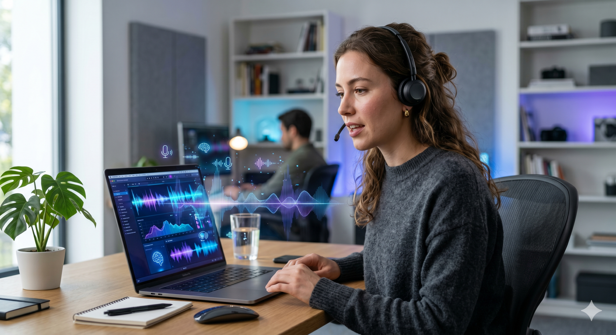 A young woman with curly hair is shown sitting at a desk with a laptop and wearing a headset with a microphone. She is speaking into the microphone, and a futuristic, holographic image of an audio waveform and data graphics is visible in front of her. The desk features a notebook, a mouse, and a potted plant. A second person is working in the background in a home office or co-working space with bookshelves.