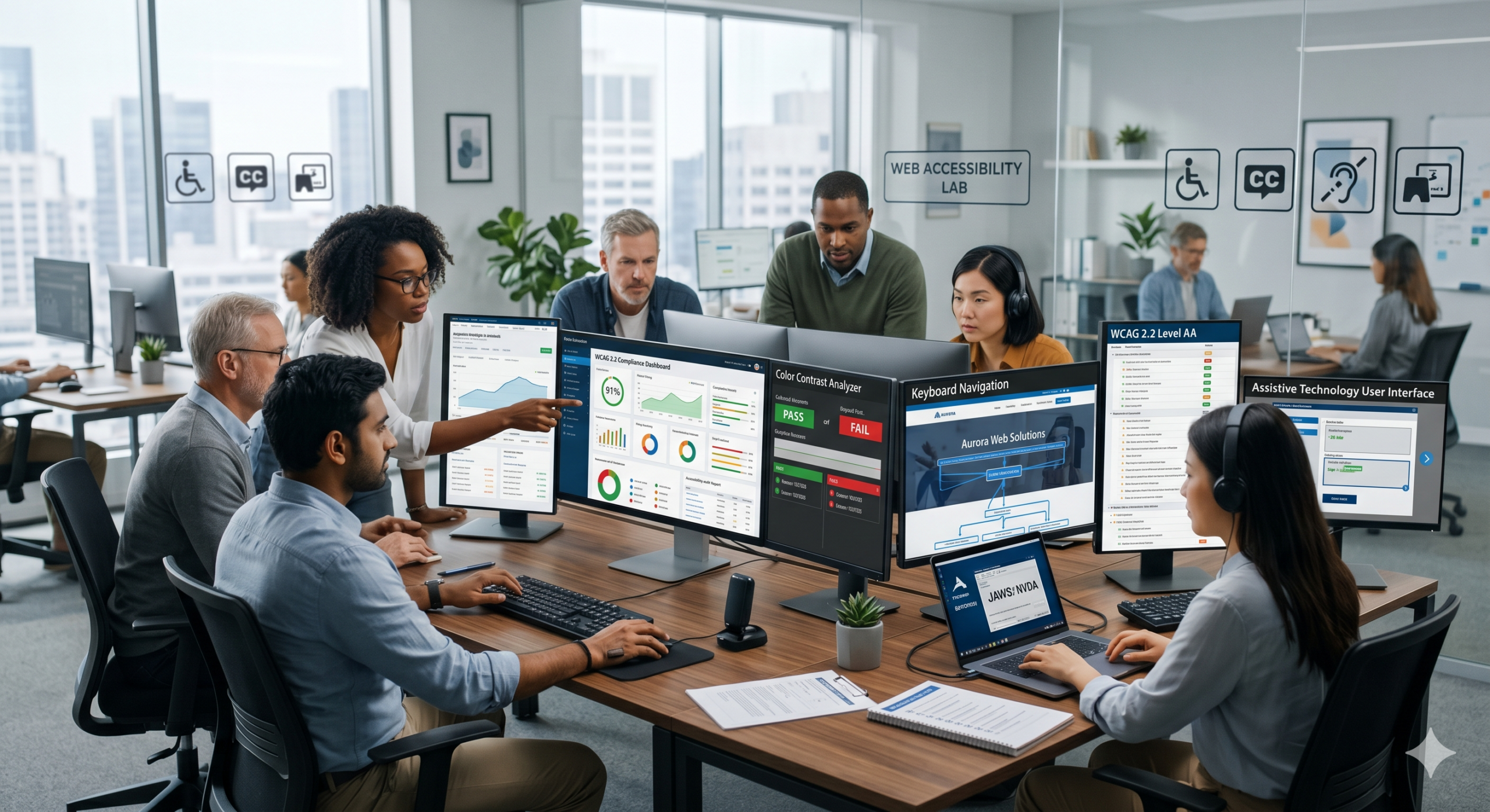 WCAG 2.2 guidelines dashboard showing accessibility testing, focus indicators, color contrast analysis, and usability metrics on a modern interface