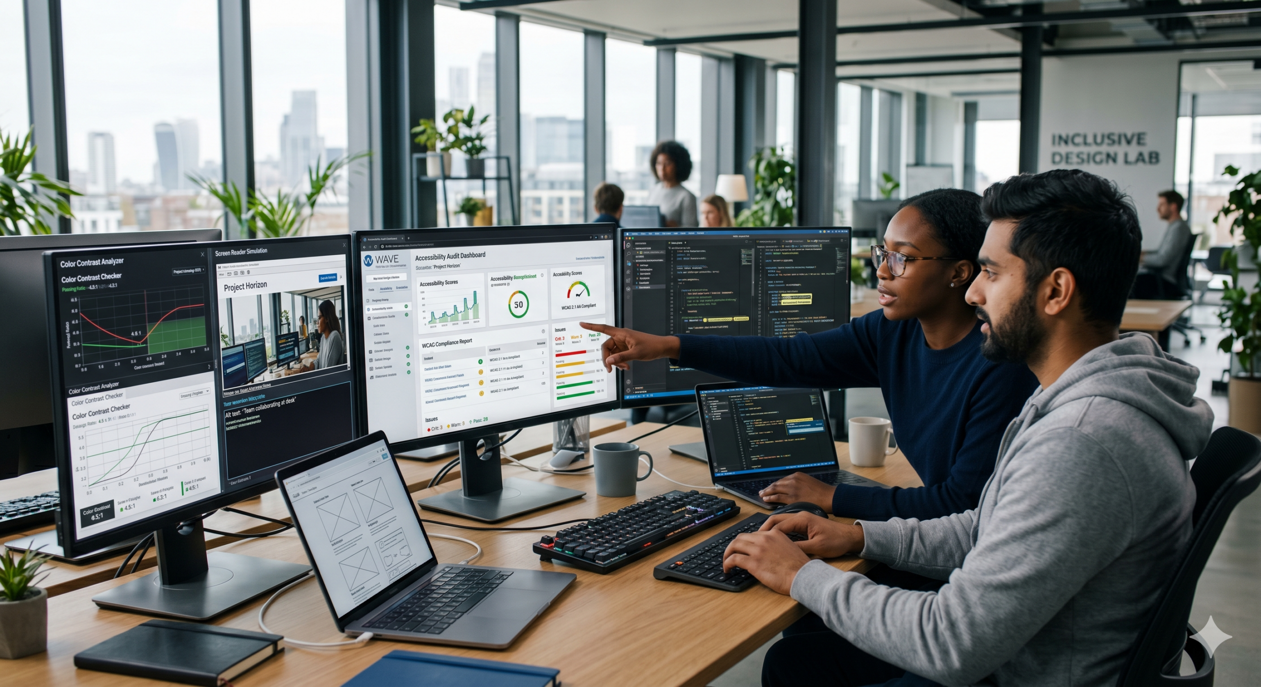 WCAG compliance tools dashboard showing accessibility testing, color contrast analysis, and screen reader simulation on a modern web development setup