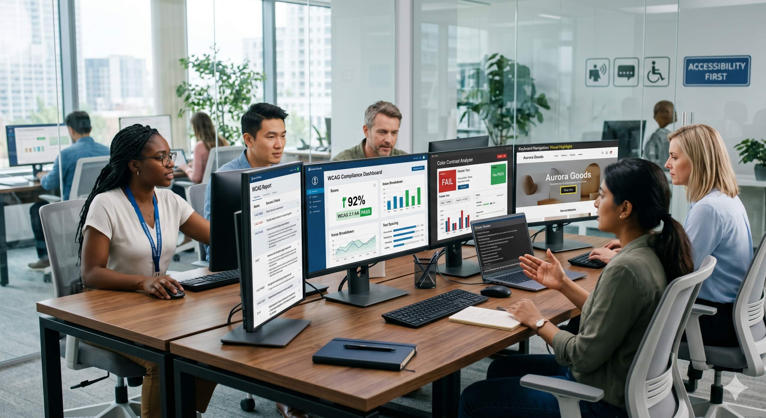 website accessibility compliance dashboard showing WCAG audit results, accessibility testing tools, and inclusive design features on a modern interface