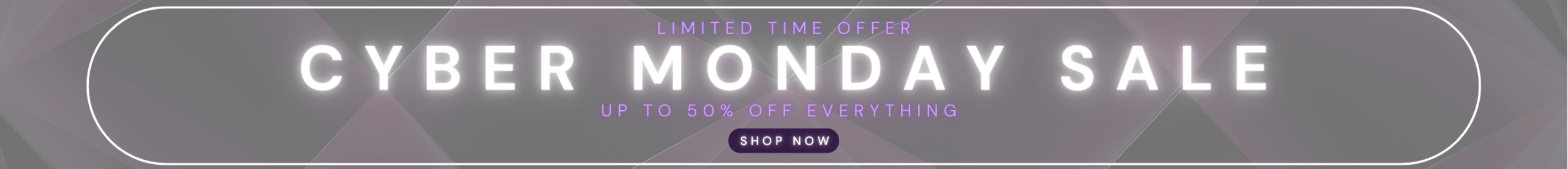 Cyber Monday sale banner with neon text offering up to 50 percent off and a shop now button on a dark modern background