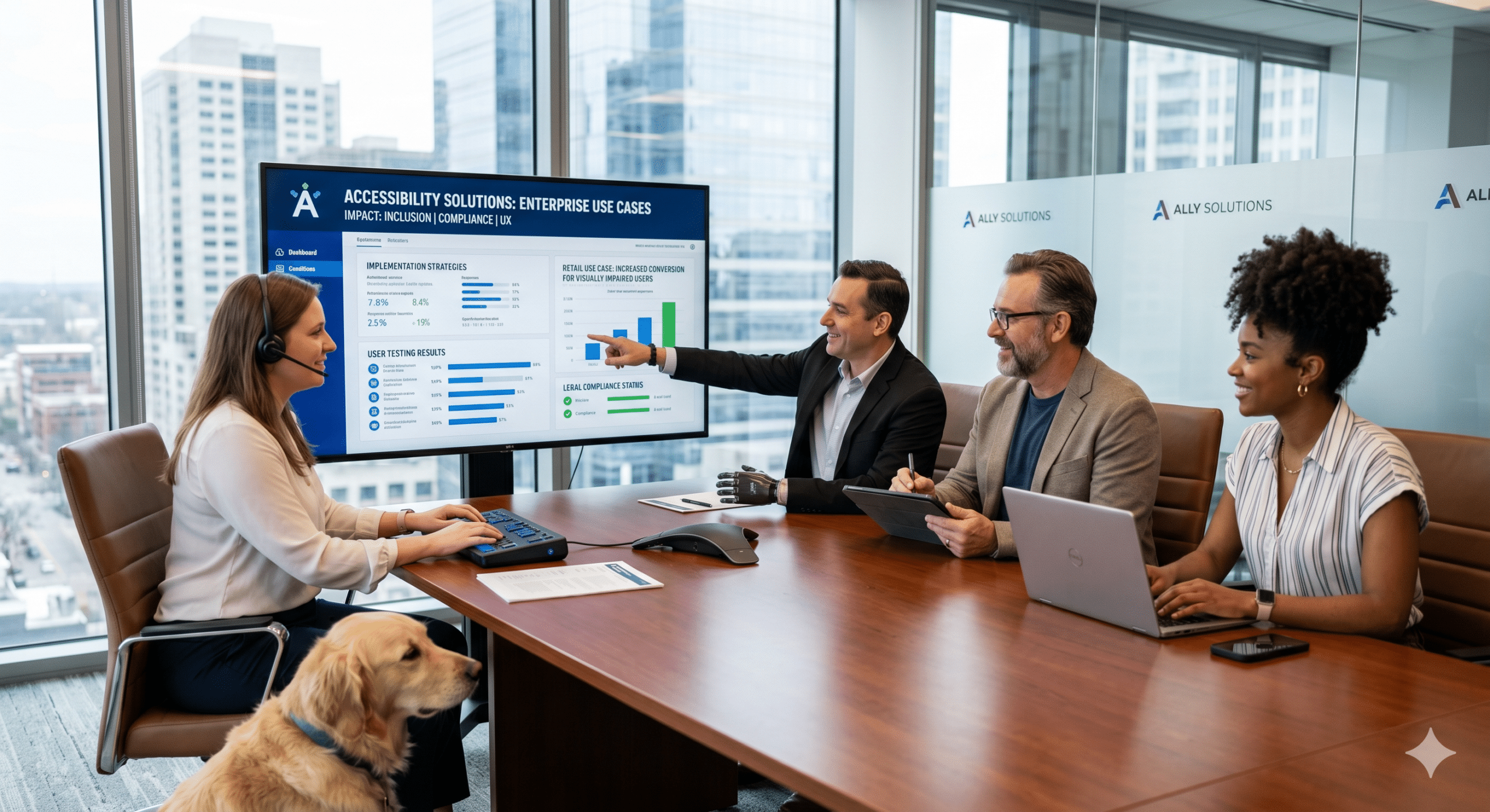Business team discussing accessibility solutions for business in a modern office with inclusive technology, accessibility analytics dashboard, assistive devices, and collaborative digital accessibility strategy meeting.