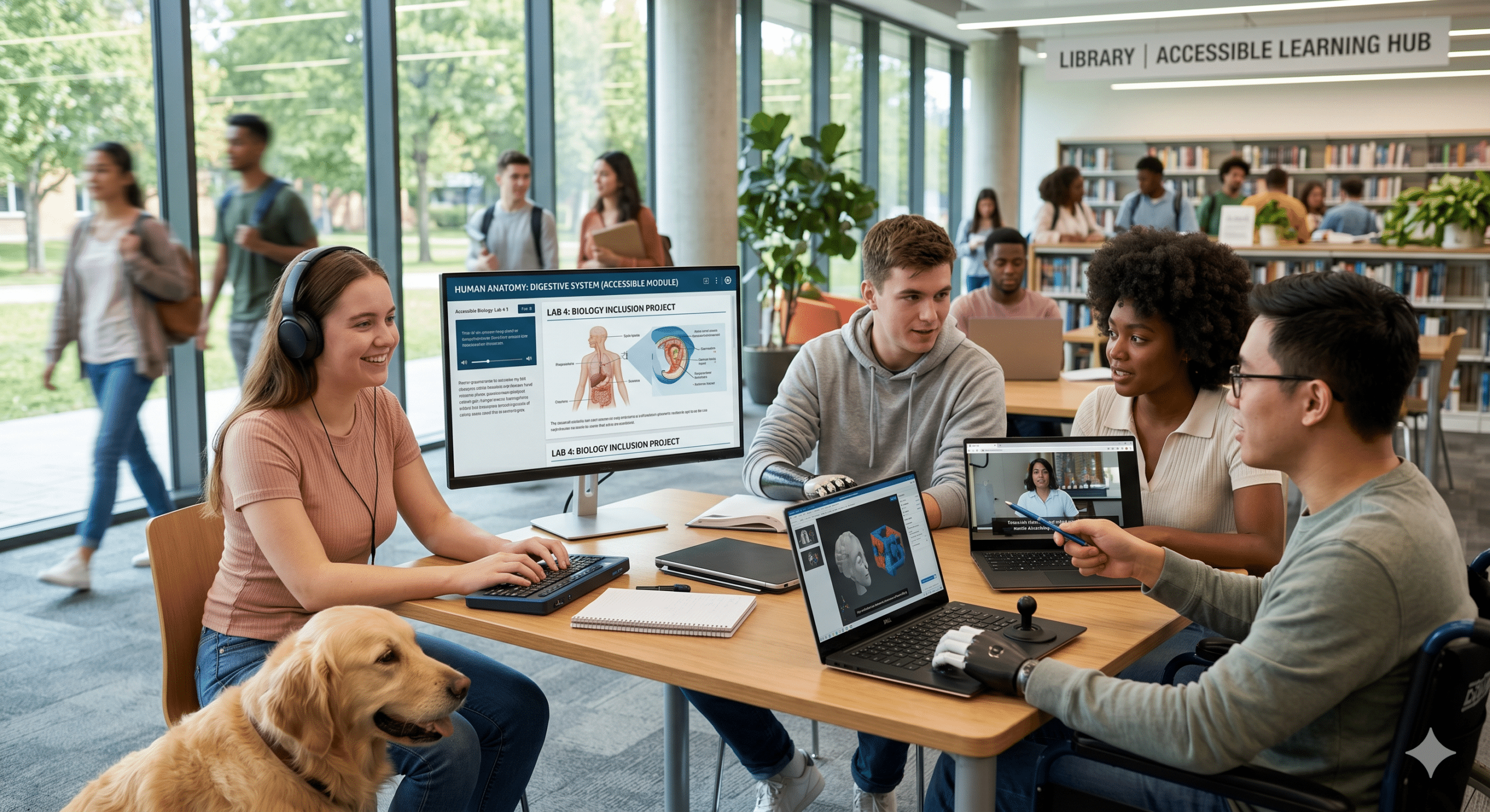 Students using accessibility tools for education in an inclusive digital learning environment with assistive technology and accessible eLearning platforms
