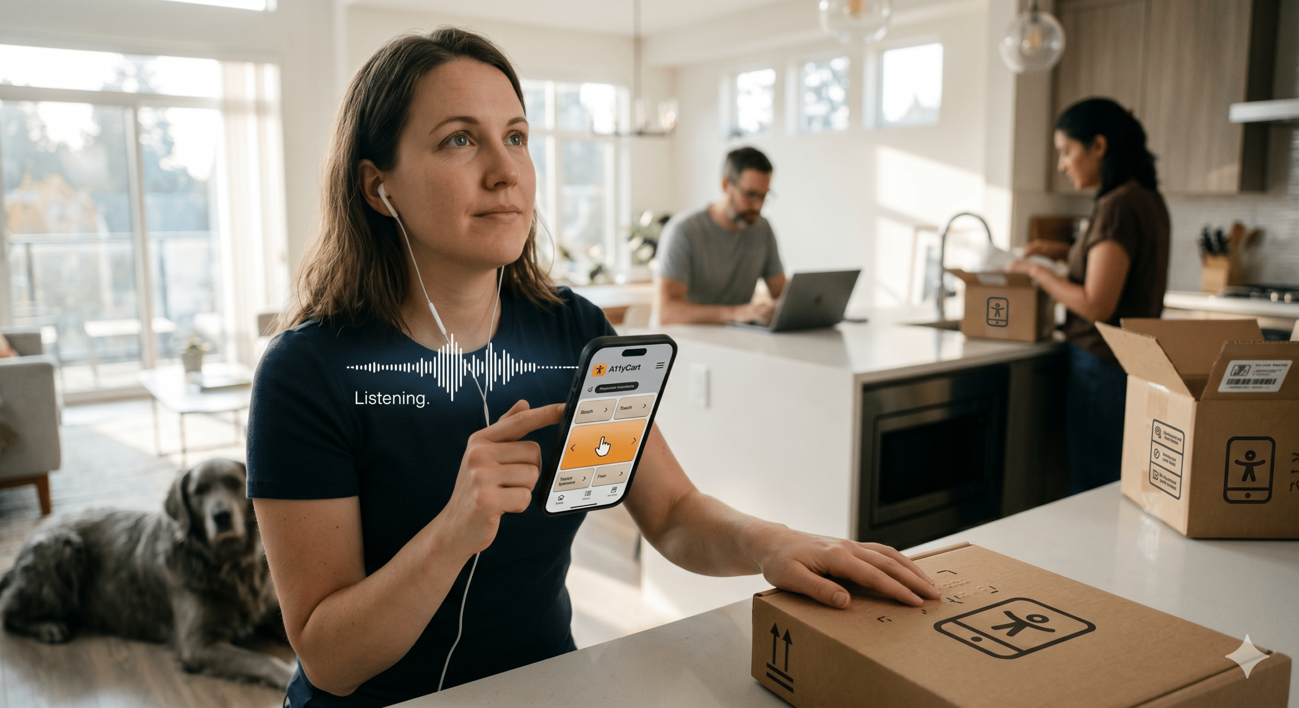 Woman using voice-assisted ecommerce app for accessible online shopping experience at home