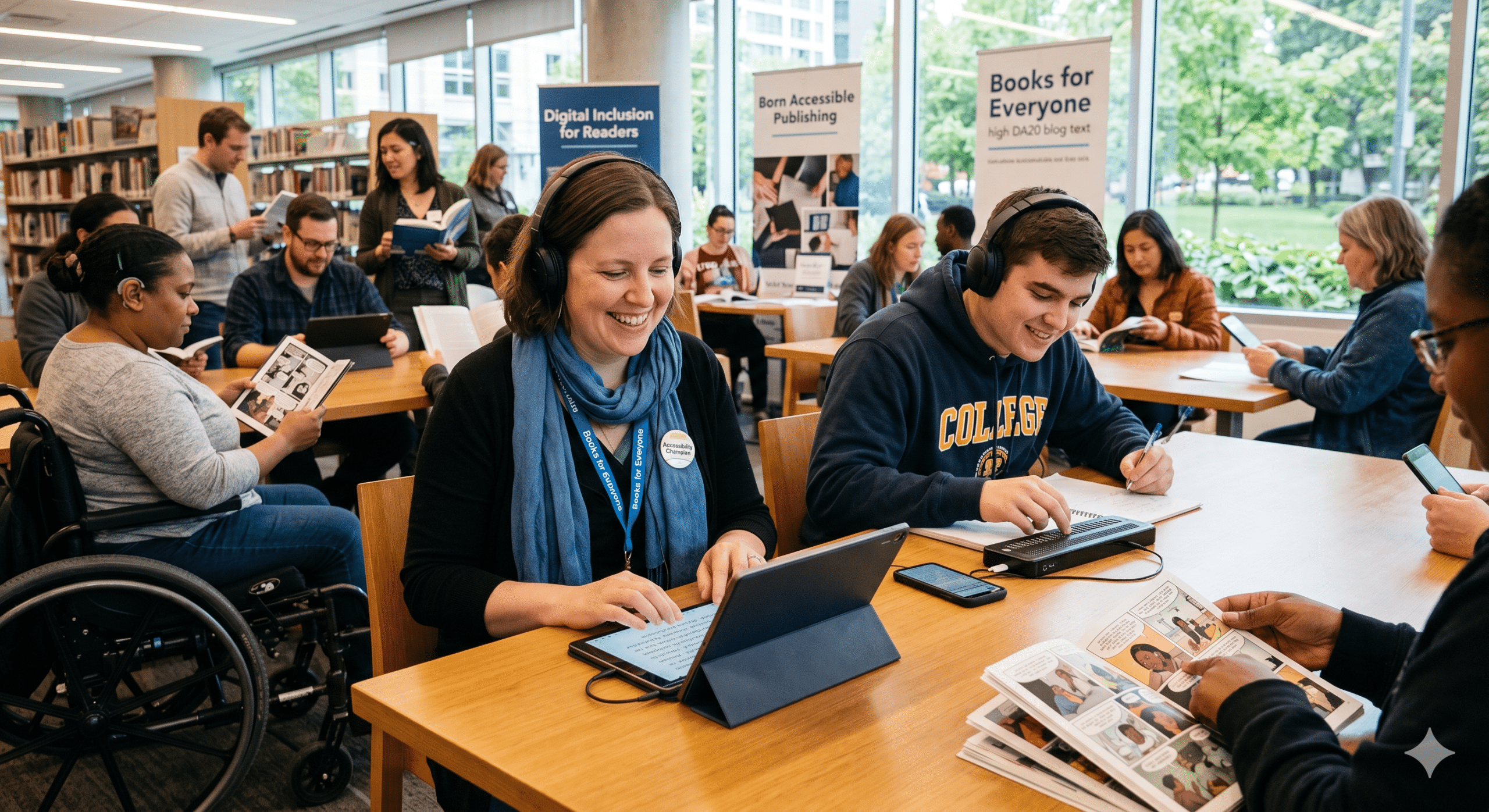 People using assistive technology in a library. A woman with headphones types on a tablet, a young man uses a refreshable braille display, and a woman in a wheelchair reads a graphic novel near banners reading "Digital Inclusion for Readers" and "Books for Everyone."