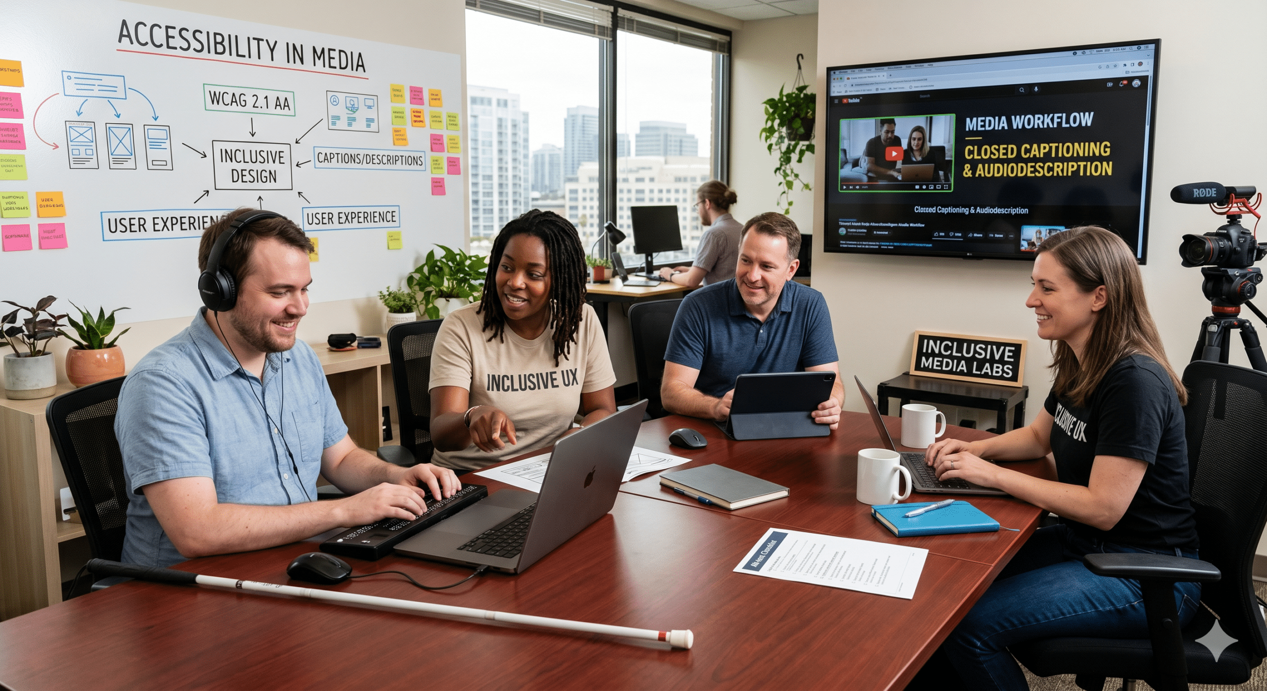 Team collaborating on accessibility in media strategies including WCAG compliance, inclusive UX design, closed captioning, and digital accessibility solutions.