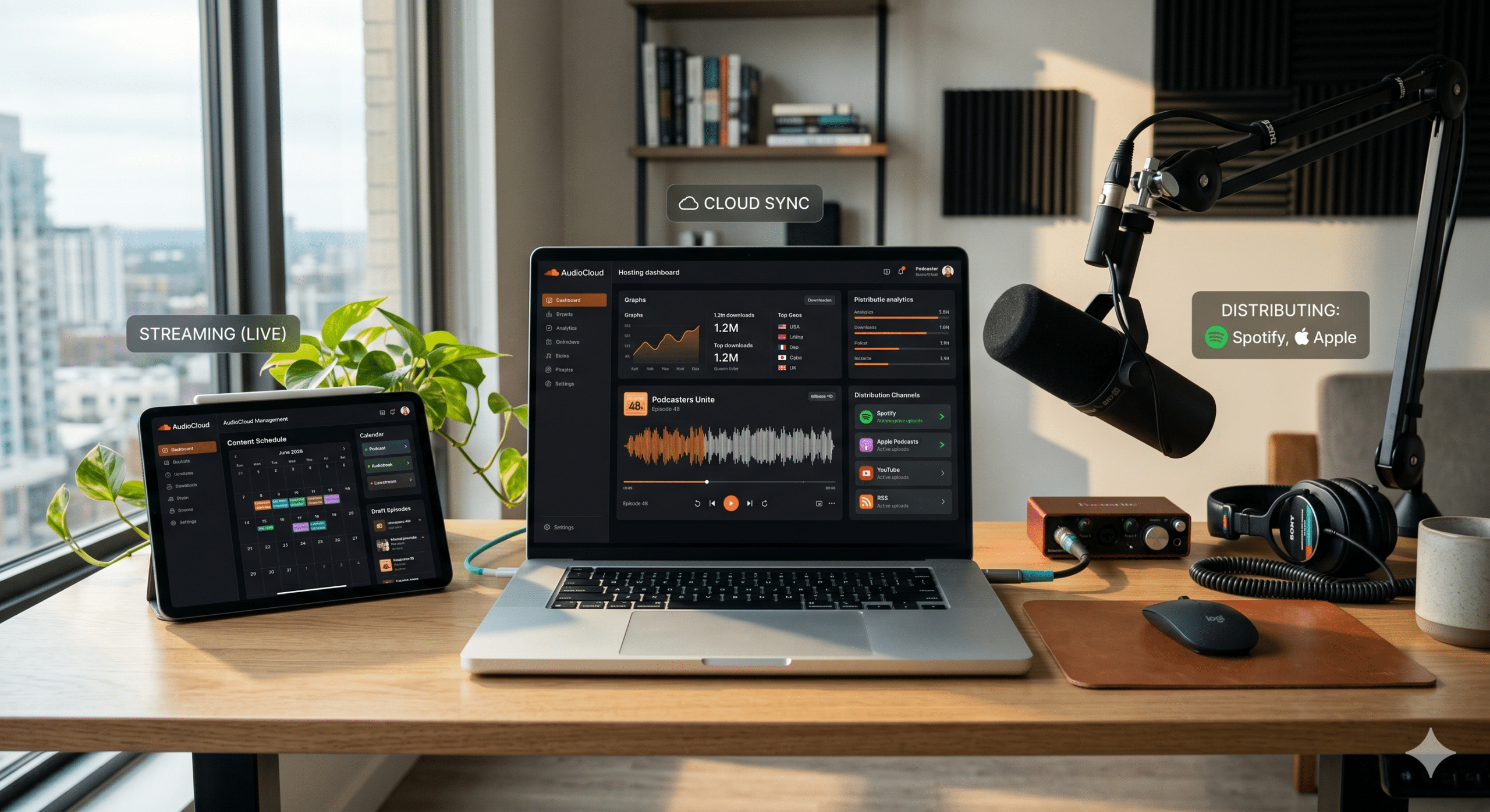 Audio content platform dashboard with podcast hosting, streaming, cloud sync, and distribution analytics in 2026 workspace