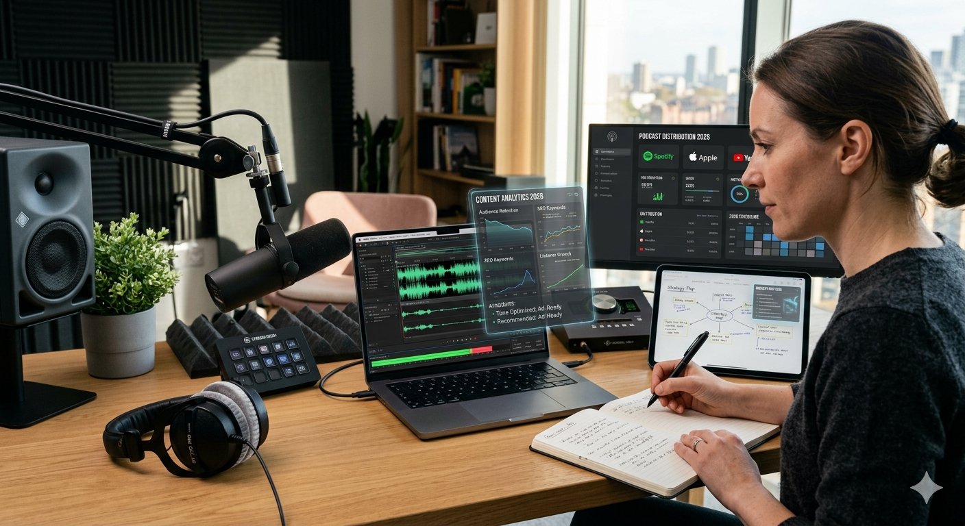 Audio content strategy workspace with podcast microphone, audio editing software, and analytics dashboard in 2026
