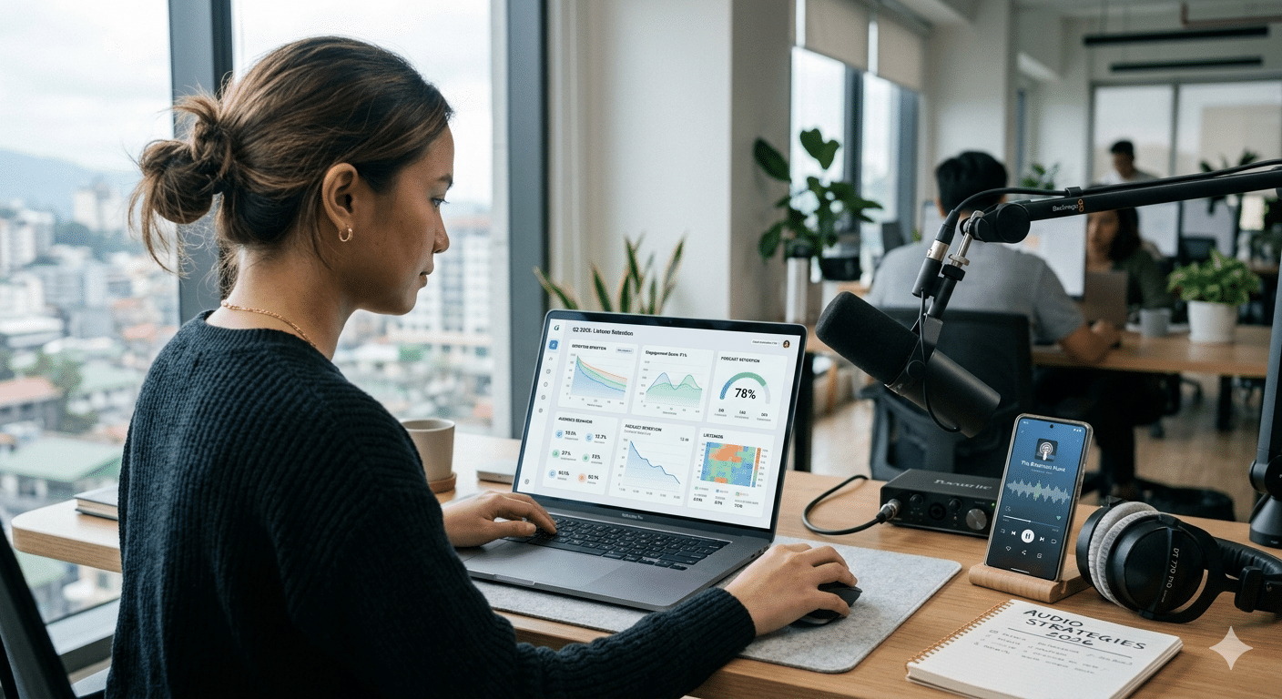 Audio engagement strategies workspace with podcast microphone, listener retention analytics dashboard, and mobile audio app in 2026