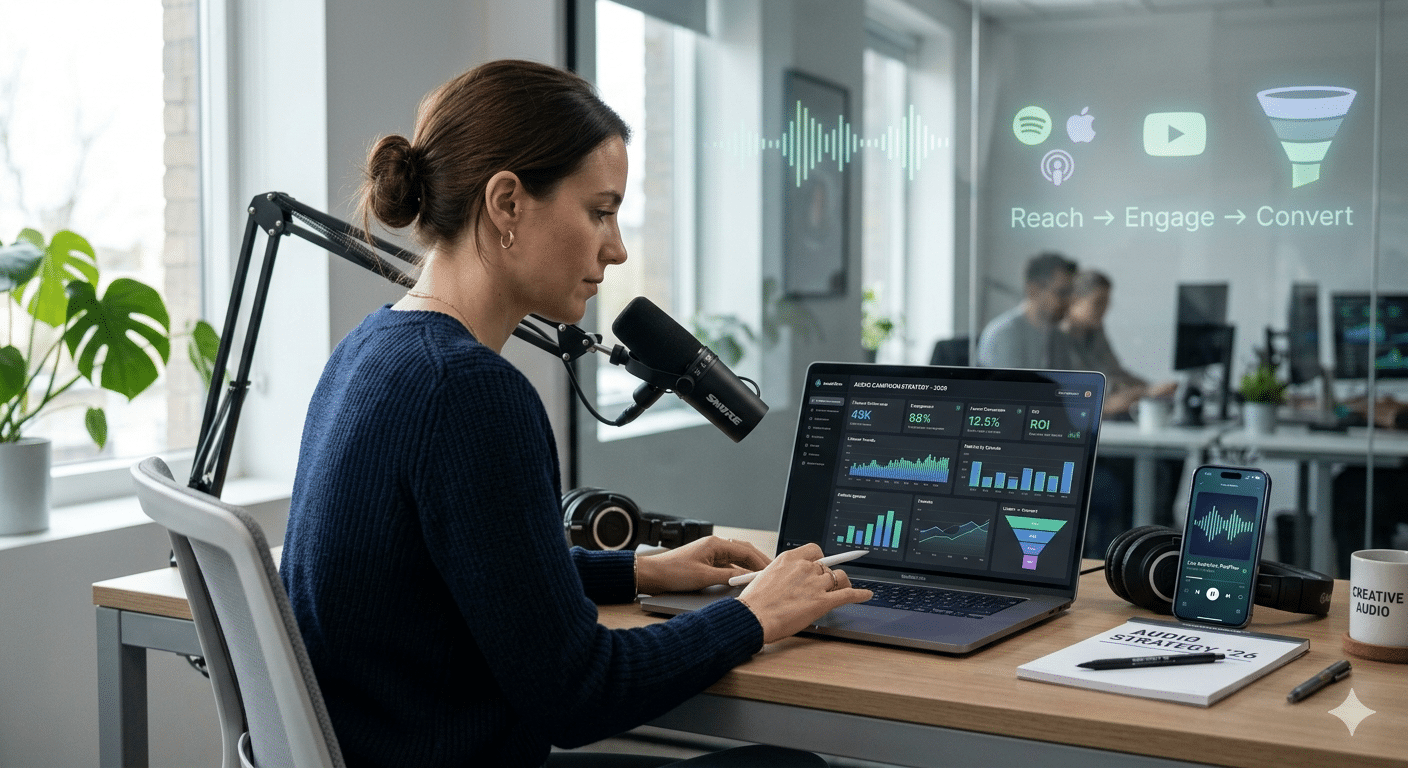 Audio marketing strategy workspace with podcast microphone, analytics dashboard, and mobile audio app in 2026