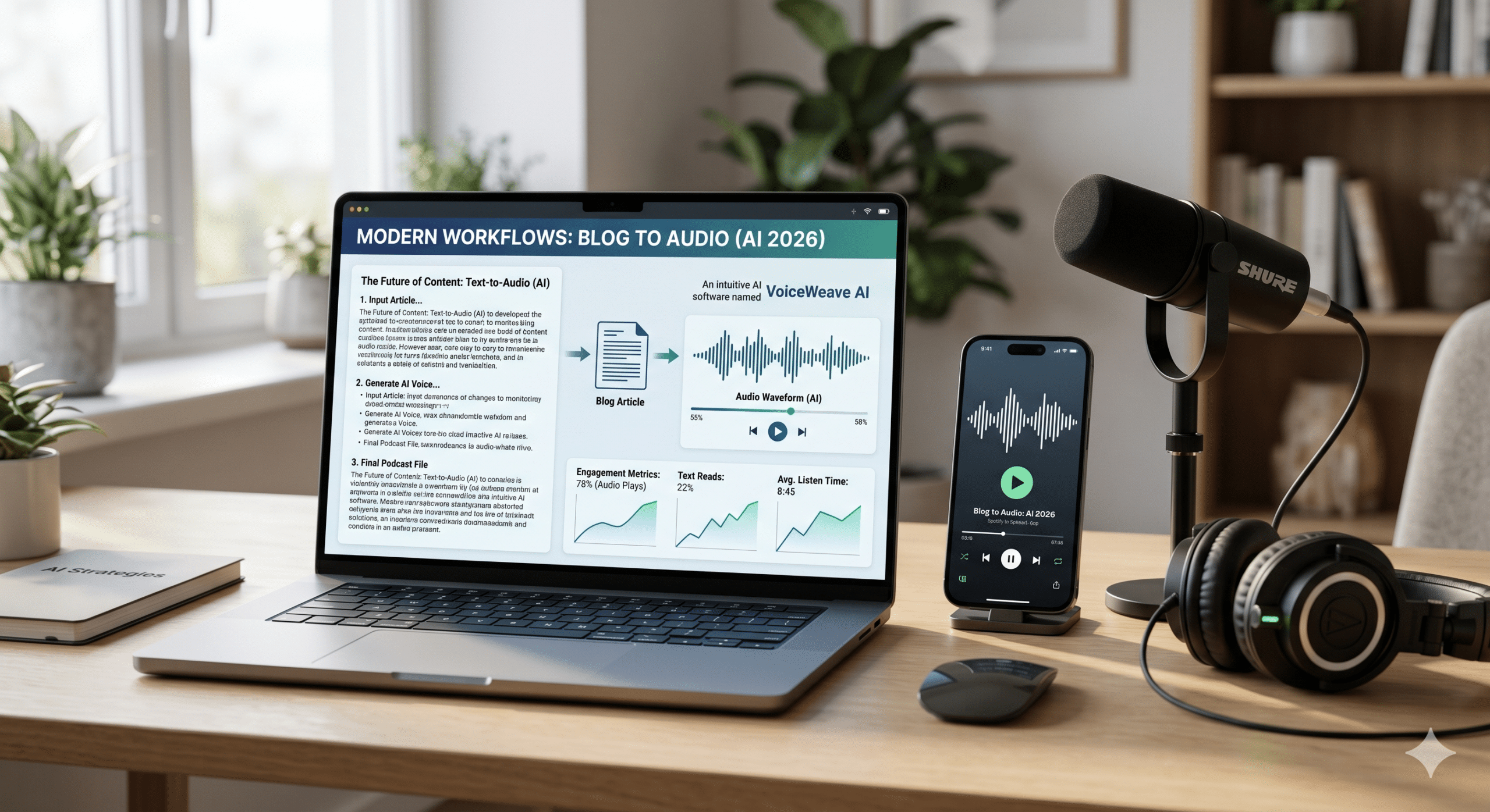 Blog to audio conversion workflow with AI text to speech dashboard, audio waveform, microphone, and mobile playback in 2026