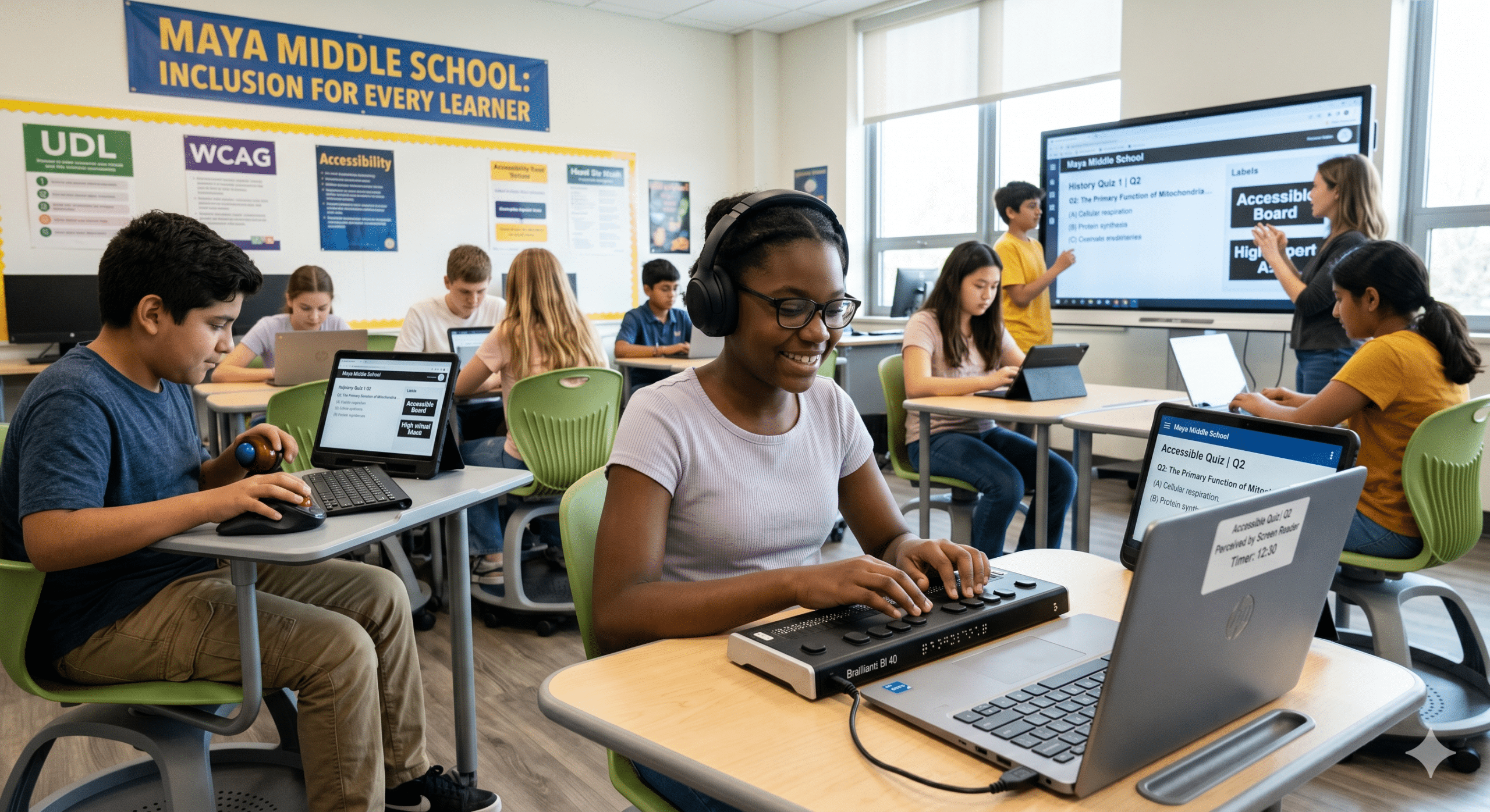 Diverse students in an accessible Maya Middle School classroom utilizing assistive technology: a blind girl using a Braille reader, a boy with motor challenges using a trackball, and a remote student on an 'Accessible Board.' Wall signs display 'UDL' and 'WCAG'.