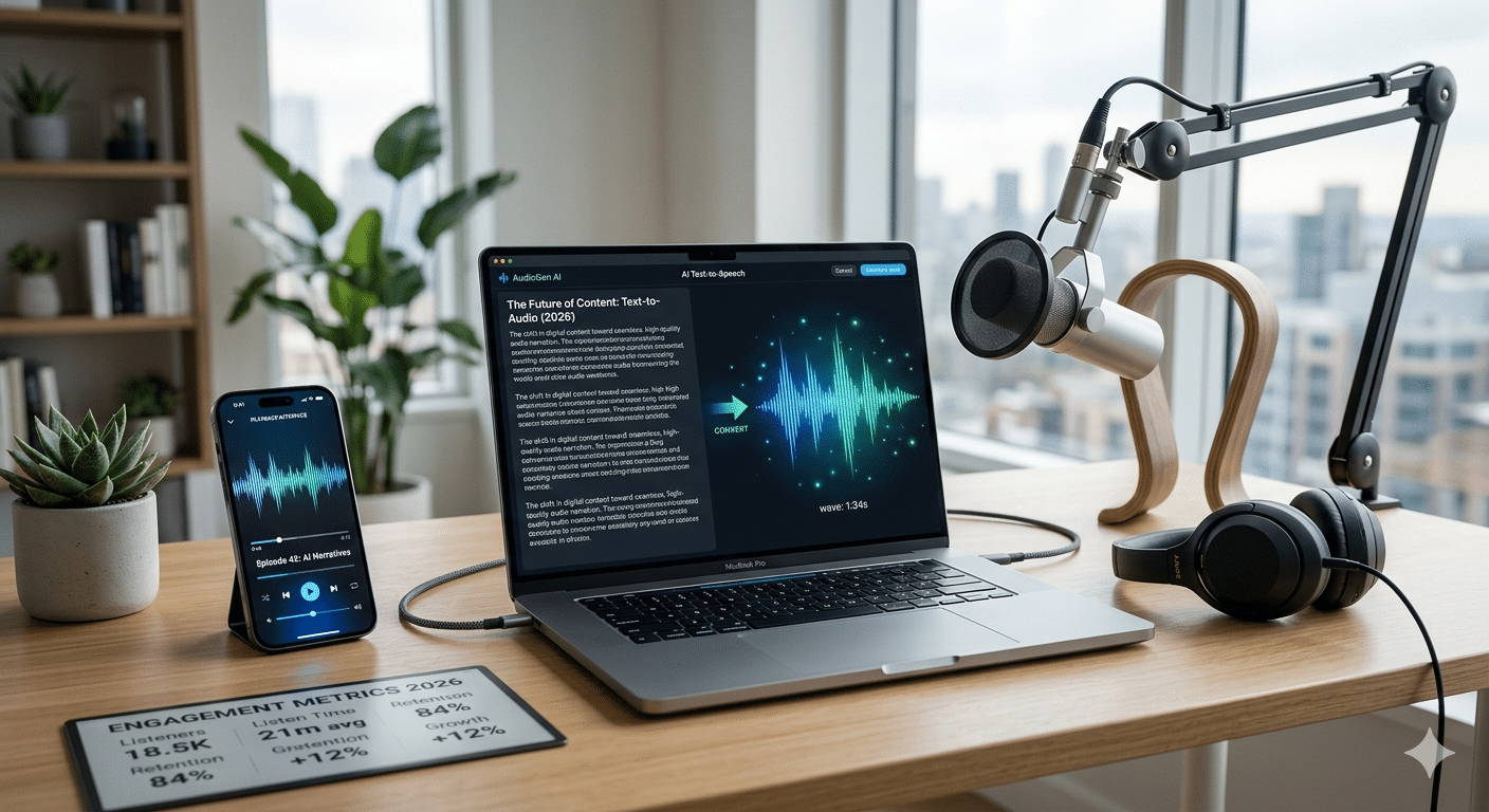 Content to audio conversion setup with AI text to speech software, audio waveform on laptop, and smartphone playback in 2026