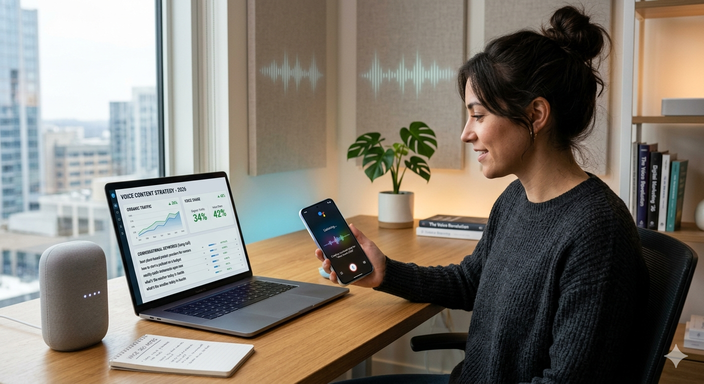 Voice content marketing setup with smartphone voice assistant, smart speaker, and analytics dashboard on laptop in 2026
