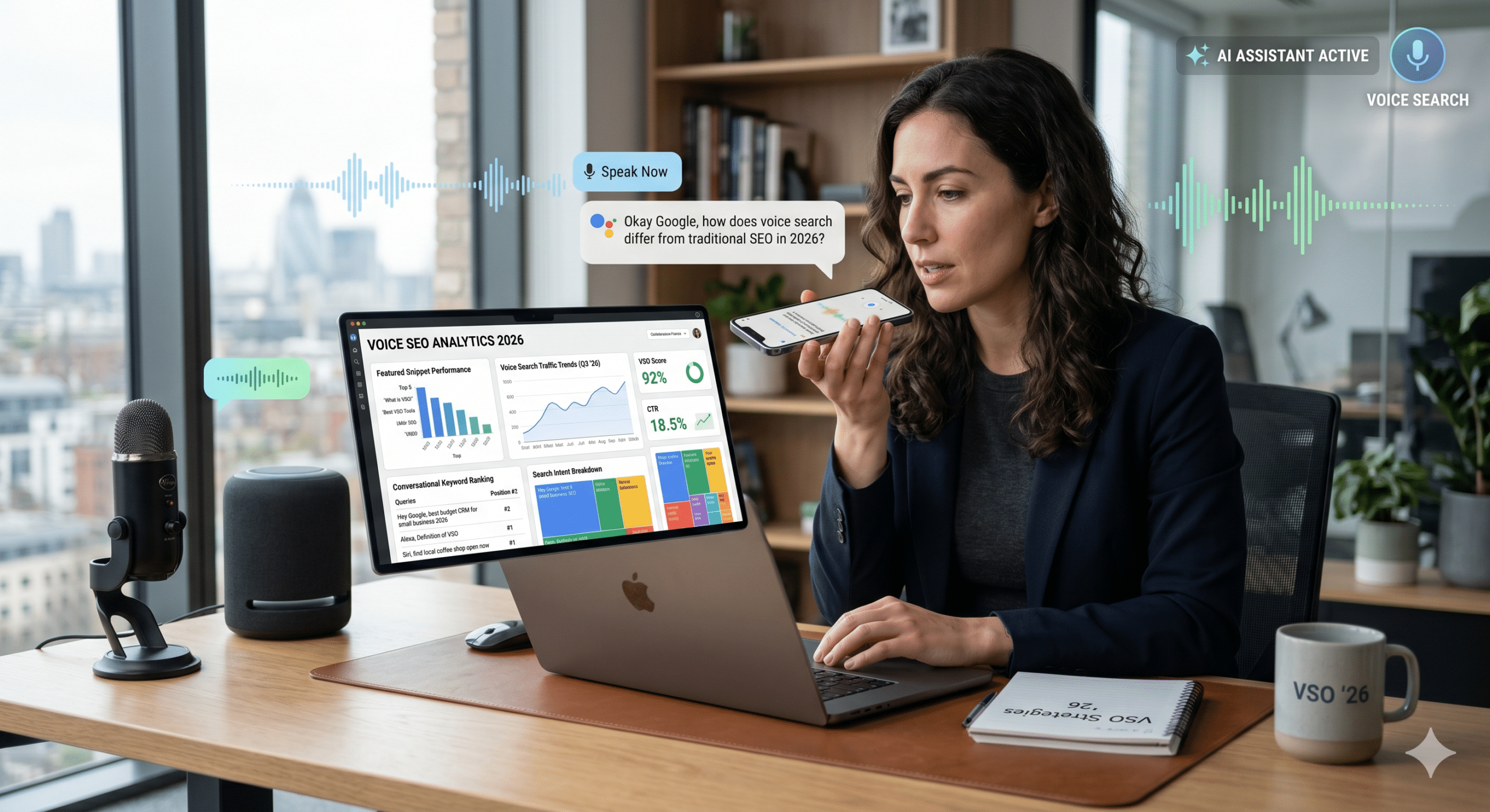 Voice search optimization workspace with AI assistant, smartphone voice query, SEO analytics dashboard, and microphone in 2026