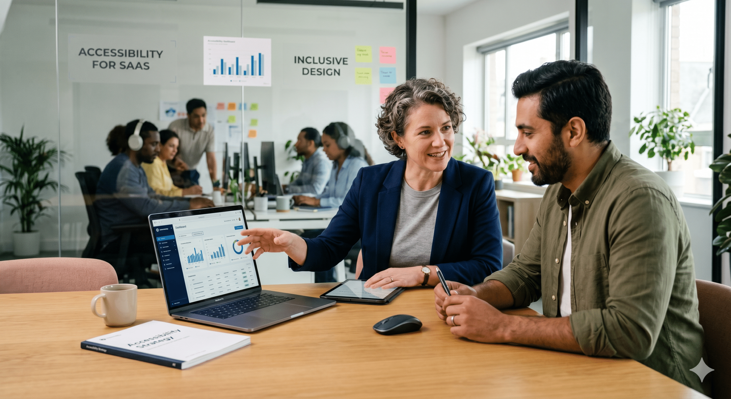 Digital accessibility consultant demonstrating an inclusive SaaS dashboard layout on a laptop to a product manager in a modern office tech setting