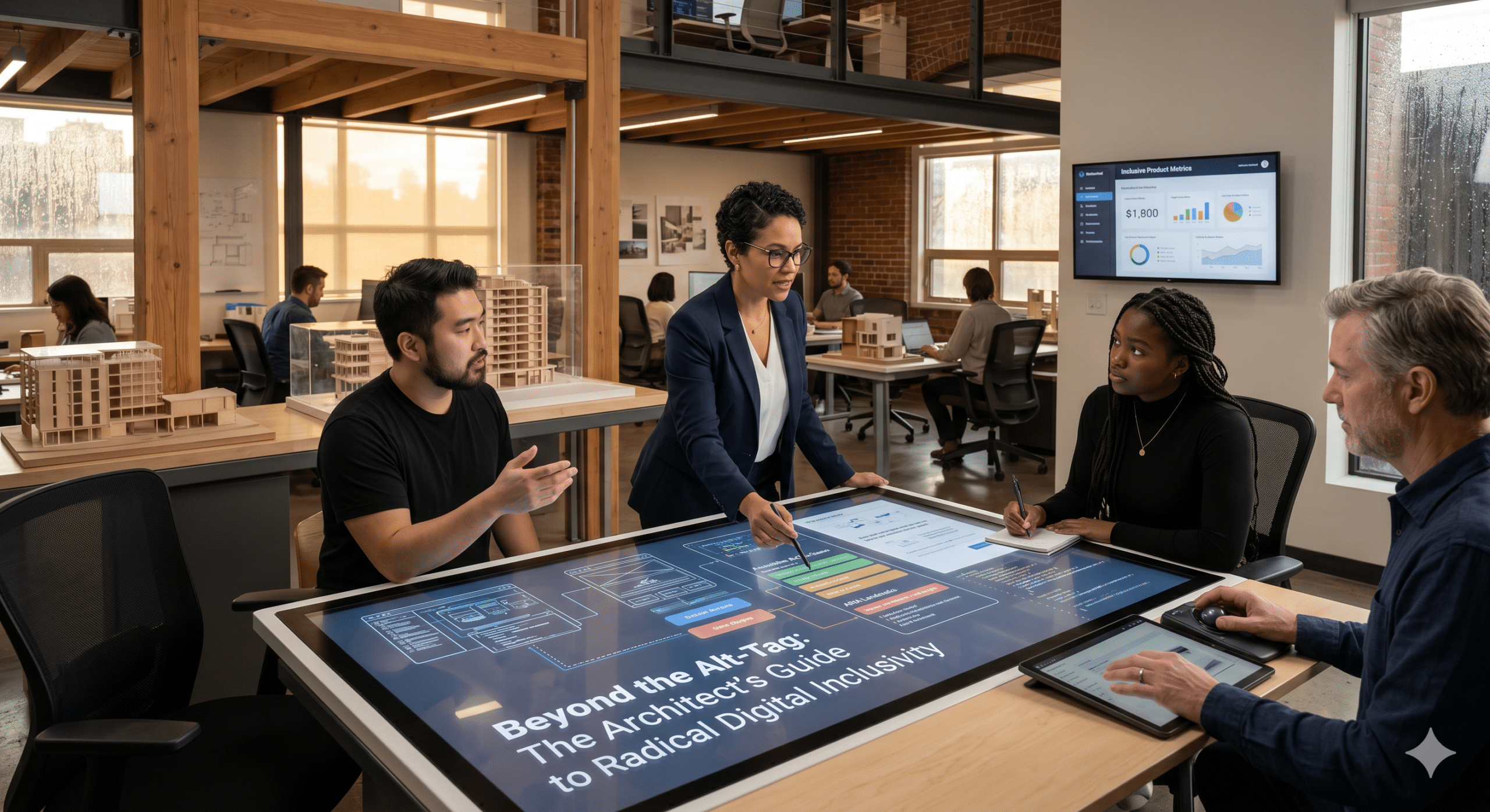 A diverse team of designers and architects collaborating over a large digital touch-table displaying a website wireframe with high-contrast accessibility features in a modern office.