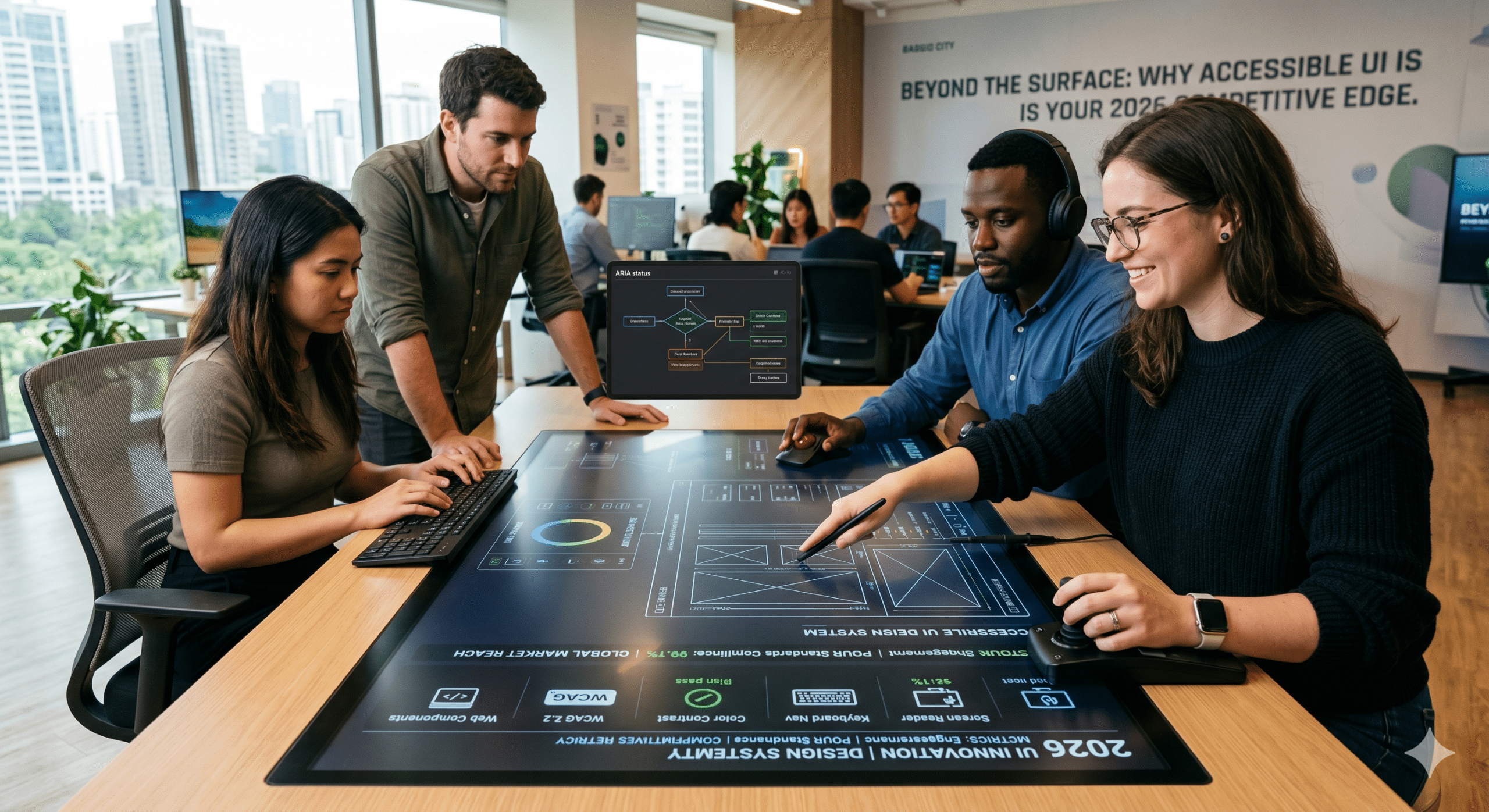 A diverse team of software engineers in a modern 2026 office collaborating over a large digital touchscreen table displaying accessible UI design systems, wireframes, and WCAG 2.2 compliance metrics.