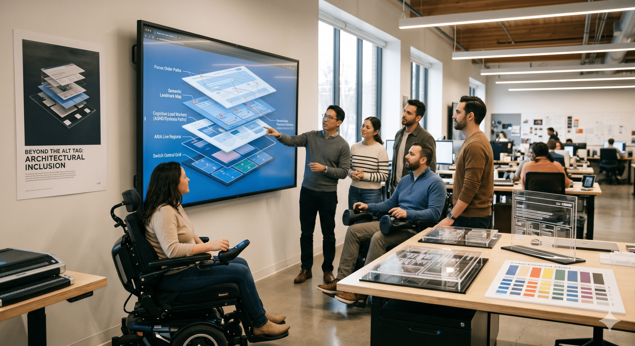 A diverse design team in a modern office analyzing an exploded 3D diagram of an accessible website architecture on a large screen, featuring ARIA landmarks and inclusive UI layers.