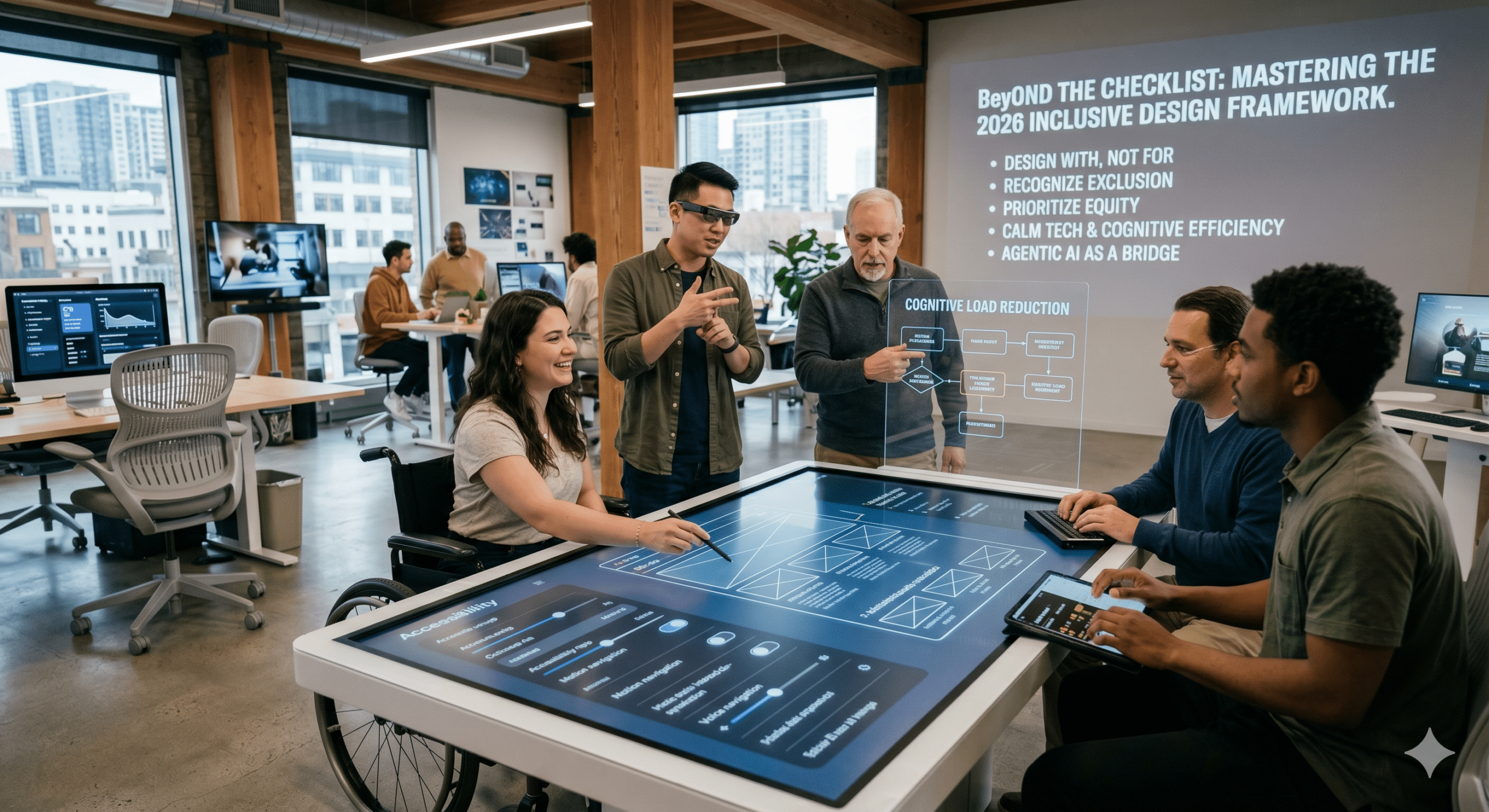 A diverse team of designers and engineers, including a woman in a wheelchair and a man with smart glasses, collaborating around a large digital touch-table displaying a 2026 inclusive design wireframe in a modern tech office.