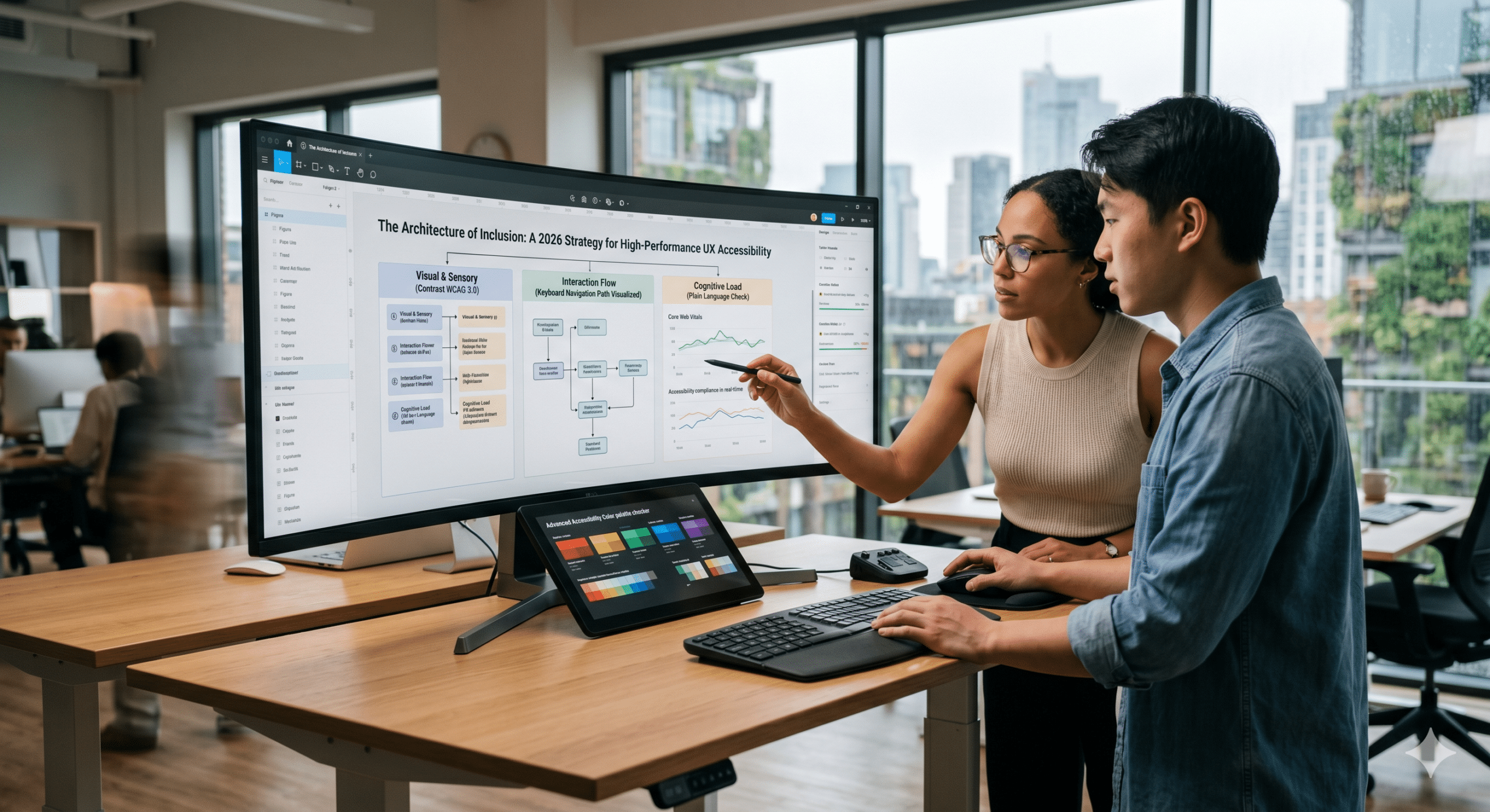 Two UX designers reviewing a 2026 accessibility strategy on a large curved monitor displaying WCAG 3.0 compliance charts and semantic code.