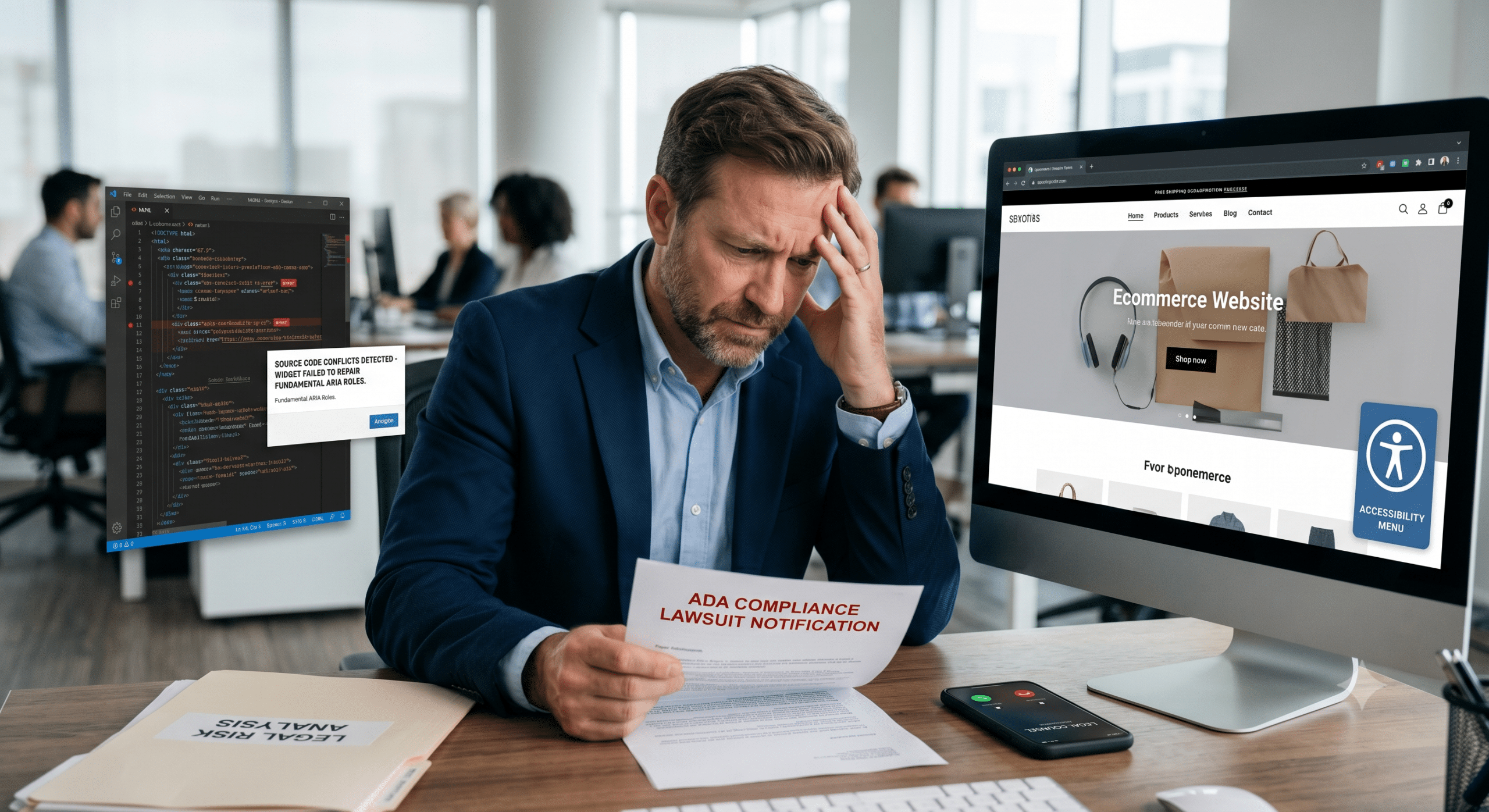 Stressed business owner holding an ADA compliance lawsuit notice next to a monitor running a web accessibility overlay.