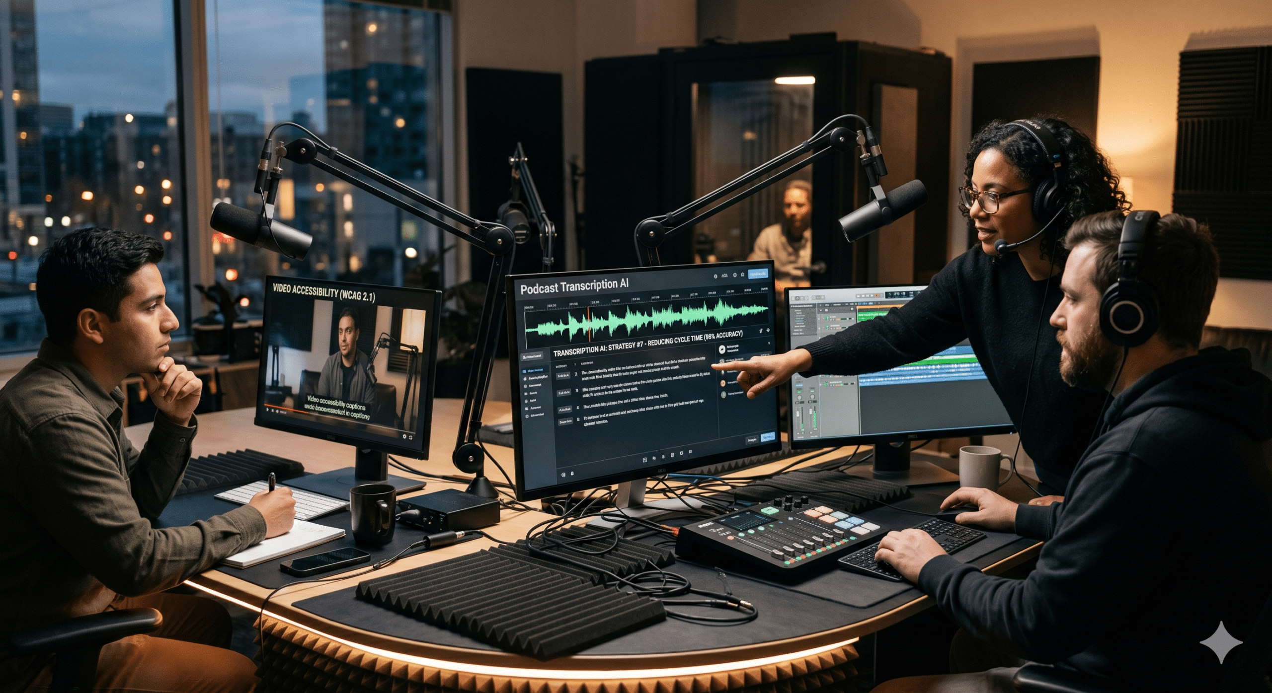 Podcast transcription workflow using AI software for captions, accessibility, audio editing, and video production in a professional recording studio