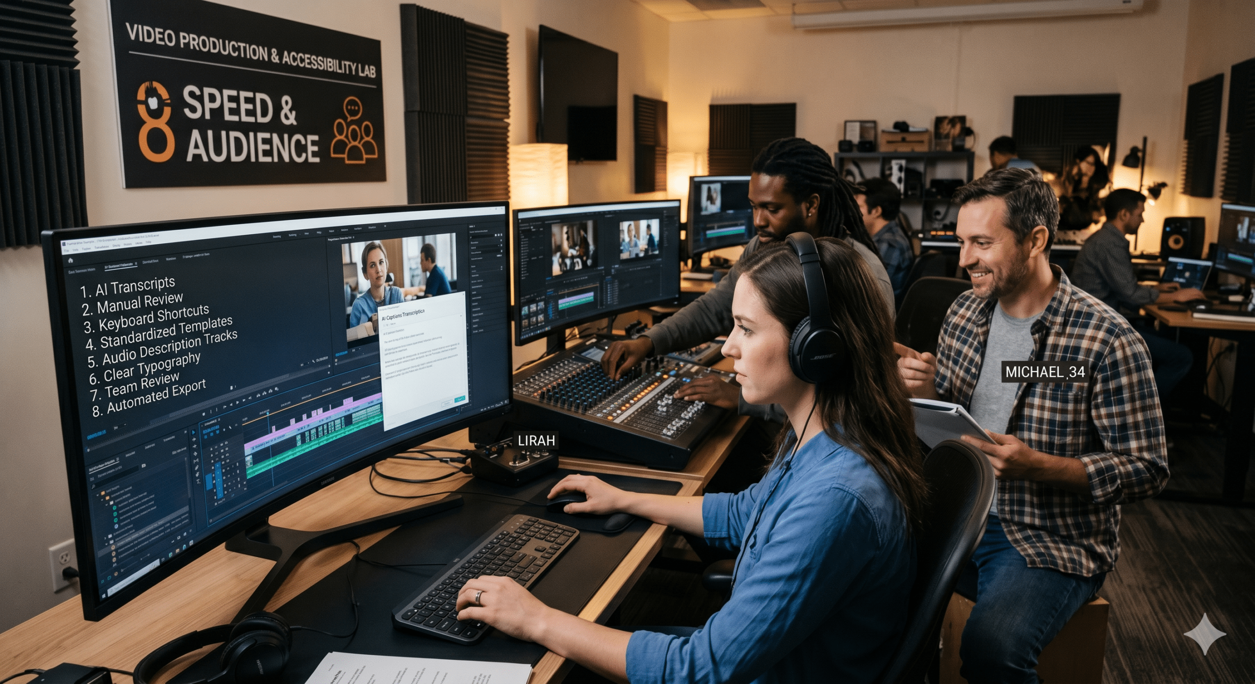 Accessibility for video creators workflow showing a professional video editing team using AI captions, transcription tools, and accessibility features to improve video production speed and audience reach.