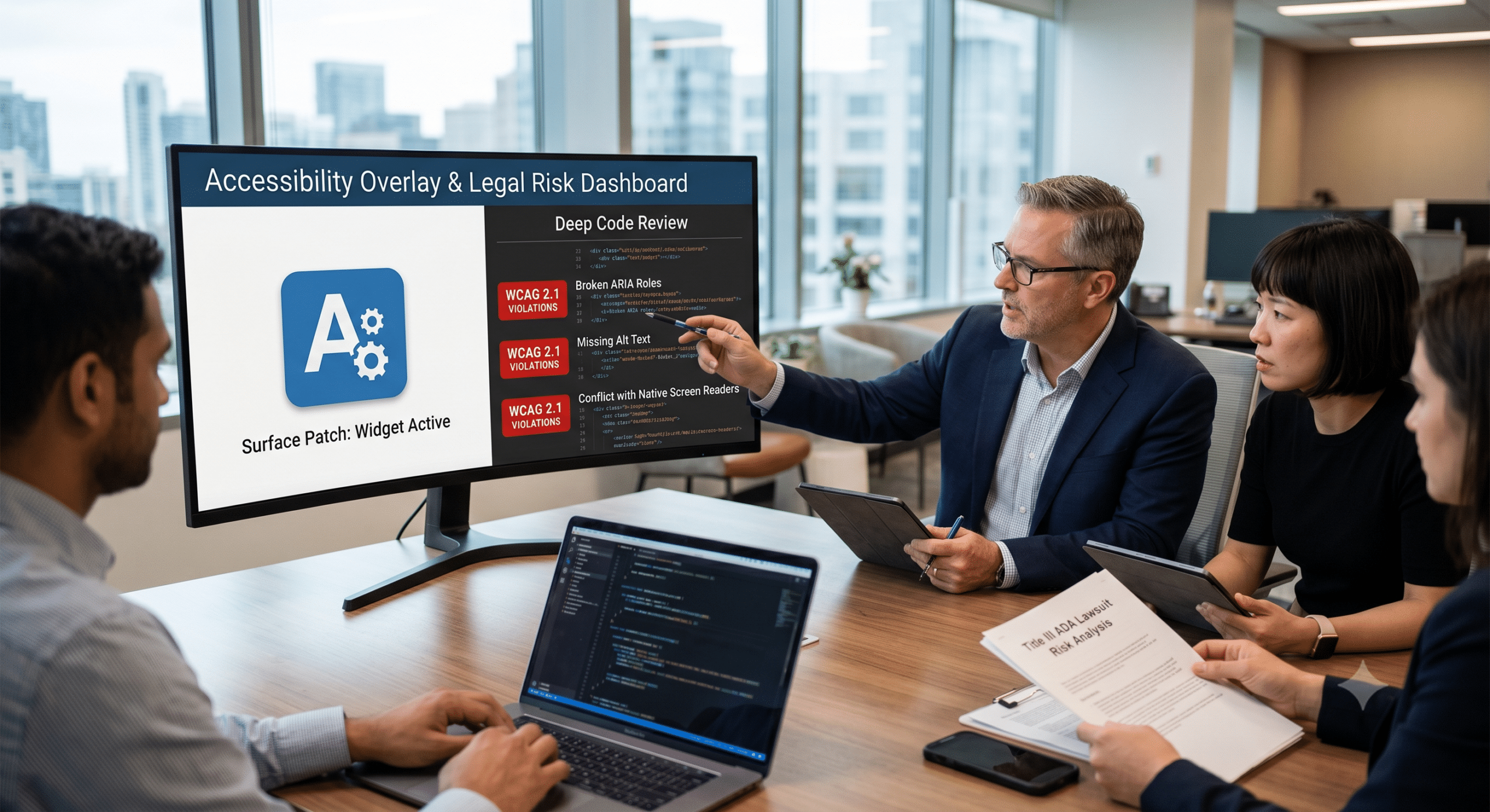 Accessibility overlay legal risk review showing WCAG violations, code accessibility issues, and ADA compliance concerns during a business meeting.