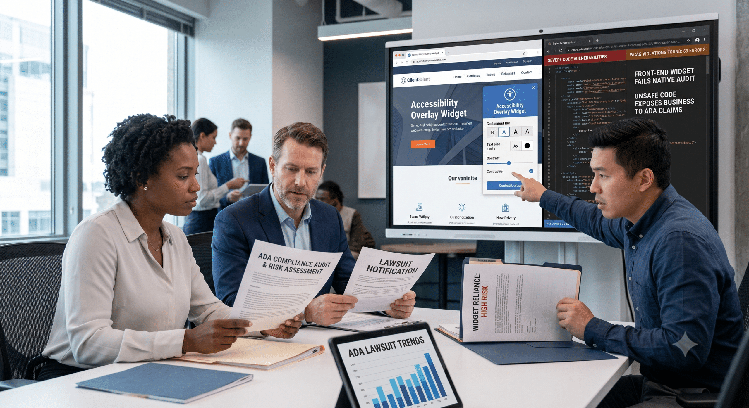 Corporate team reviewing an ADA lawsuit notice and code audit next to a screen showing an accessibility overlay software widget.