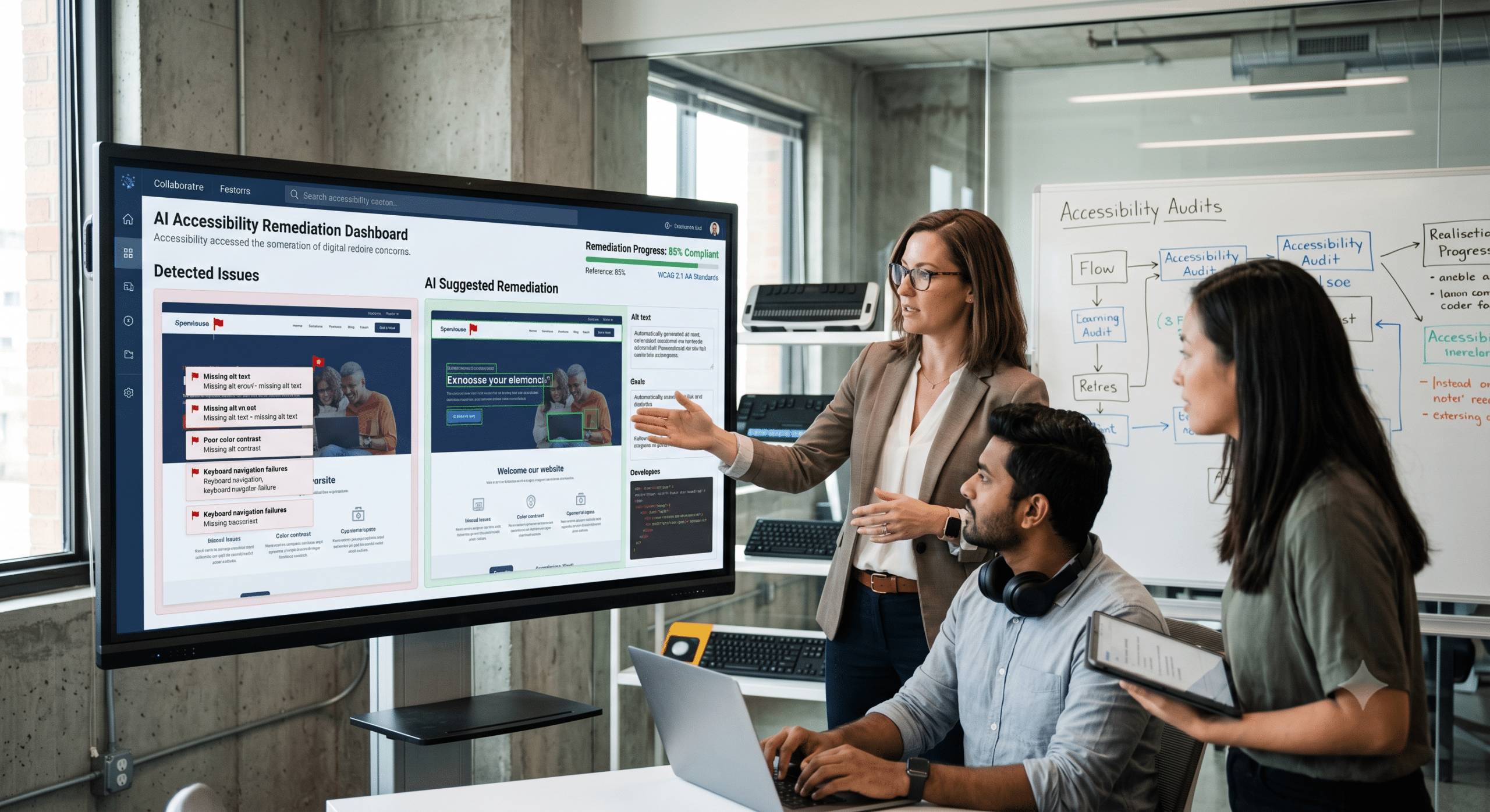 AI accessibility remediation team reviewing an accessibility dashboard with automated issue detection, WCAG compliance monitoring, and AI-powered remediation recommendations.