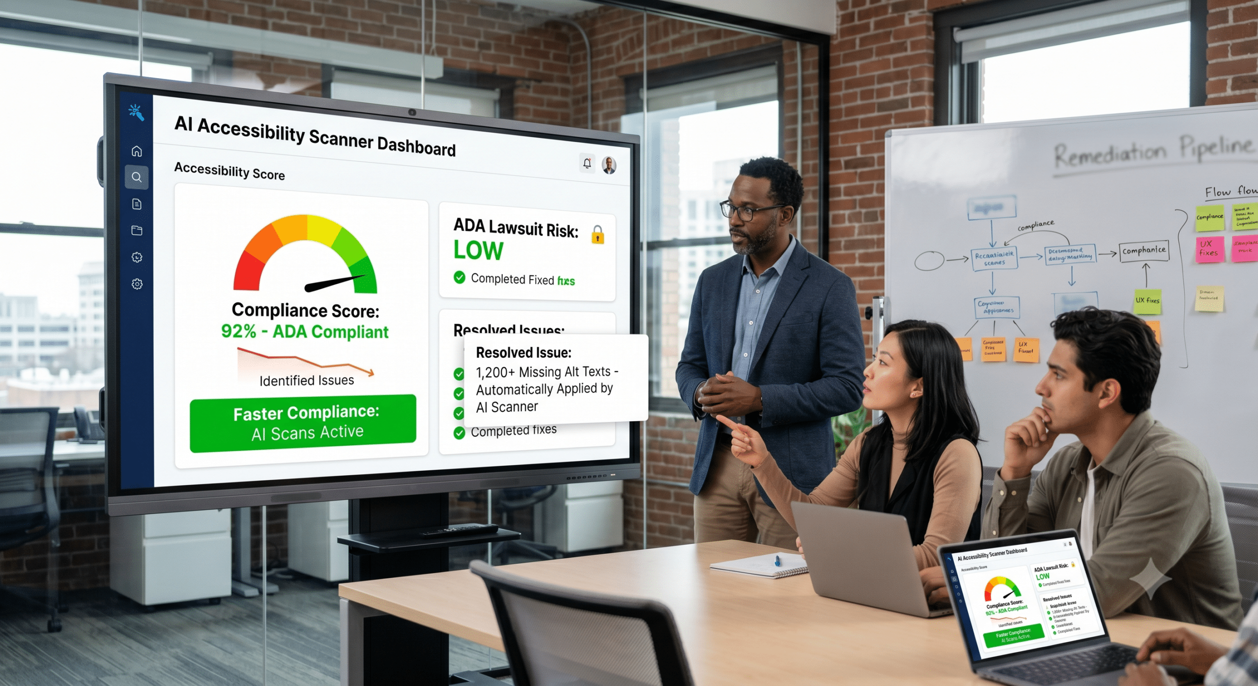AI accessibility scanner dashboard showing compliance score, ADA risk assessment, and automated remediation tracking