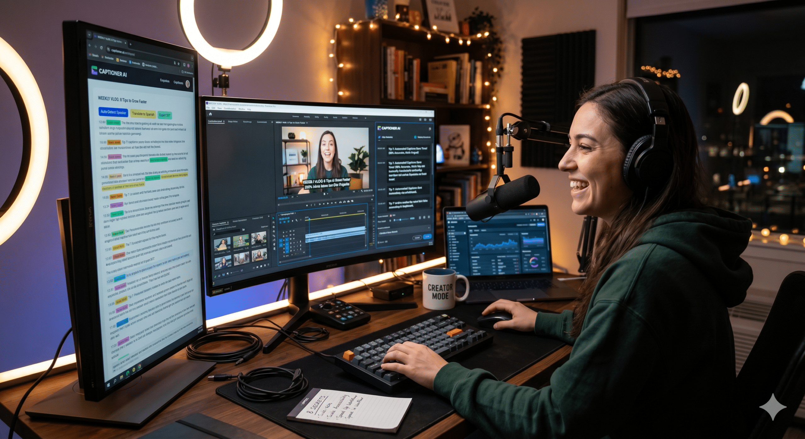 AI caption generator software creating automatic video captions and transcripts for podcast content, video editing, and accessibility optimization