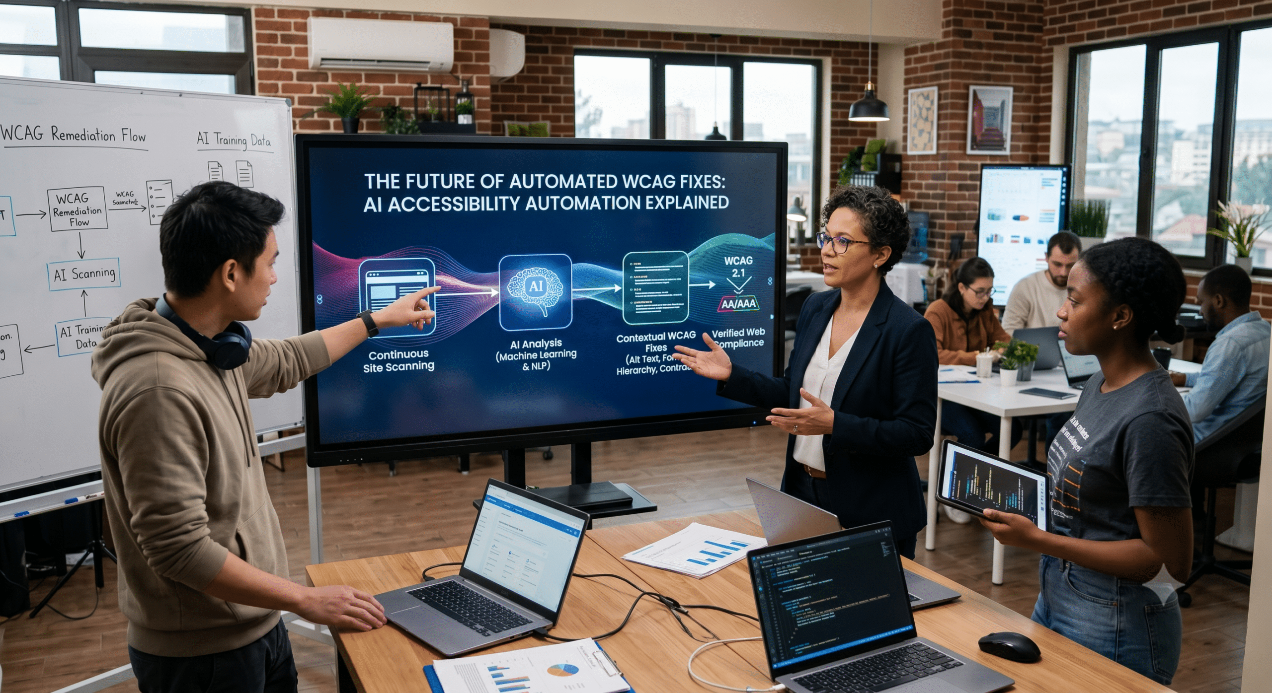 AI accessibility automation team presenting automated WCAG fixes and remediation workflow for website accessibility compliance and WCAG 2.1 standards